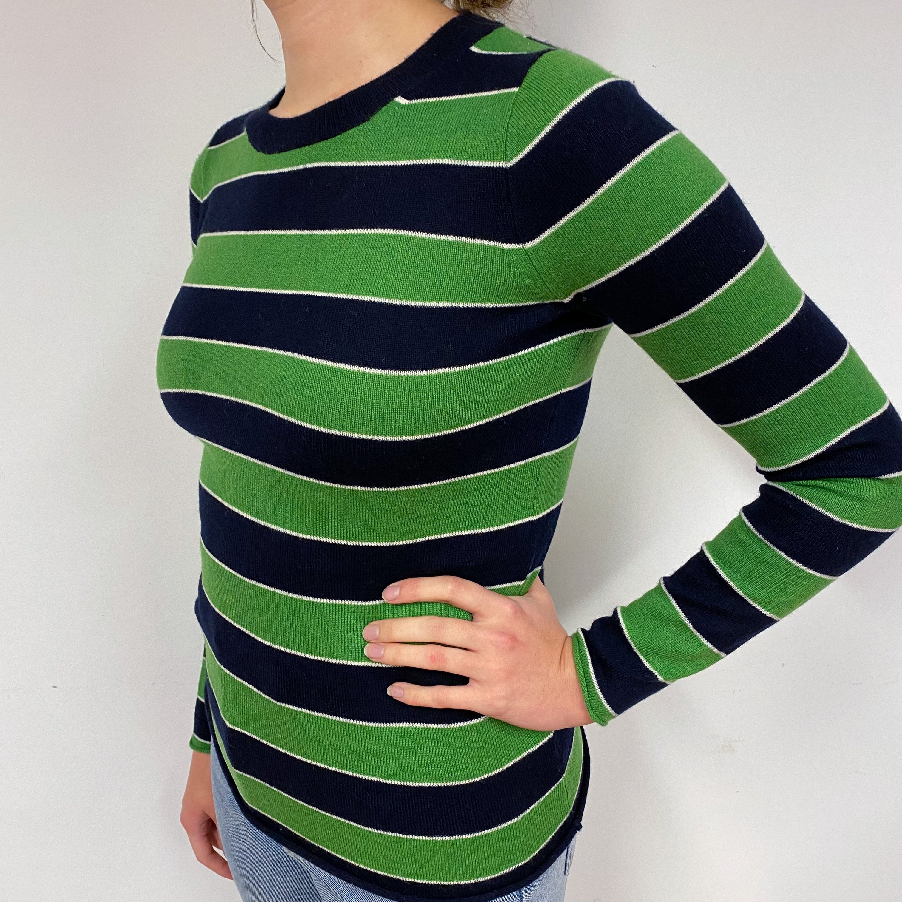 Green and Navy Stripe Cashmere Crew Neck Jumper Small