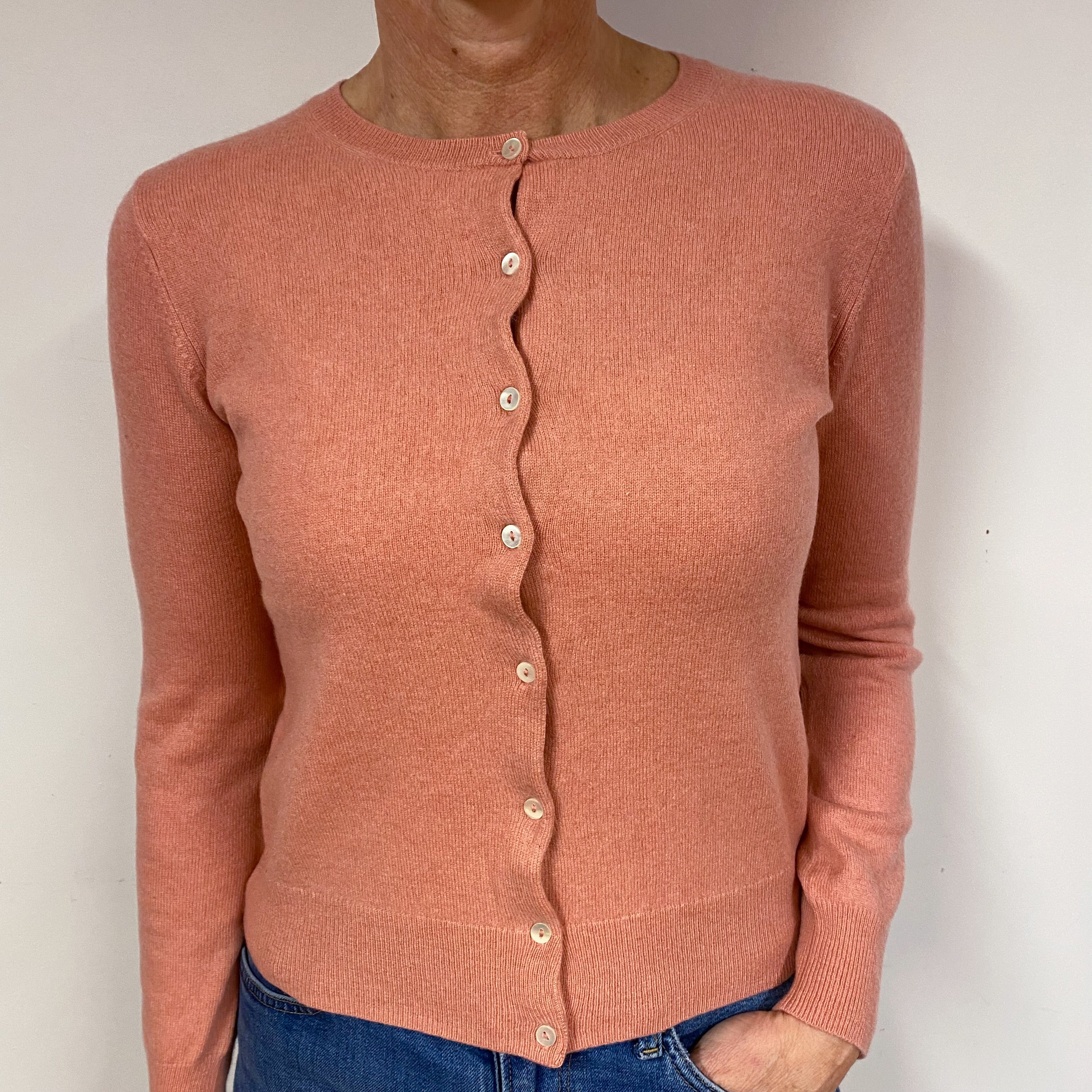 Salmon Pink Cashmere Crew Neck Cardigan Medium