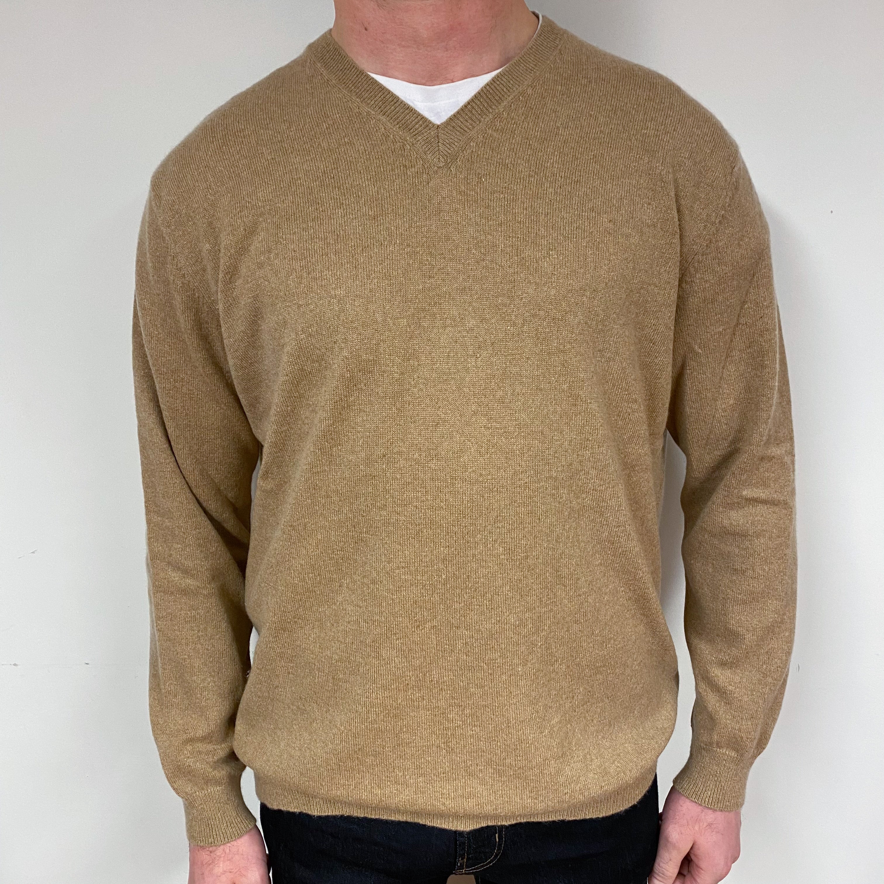 Men's Camel Brown Cashmere V-Neck Jumper XXLarge