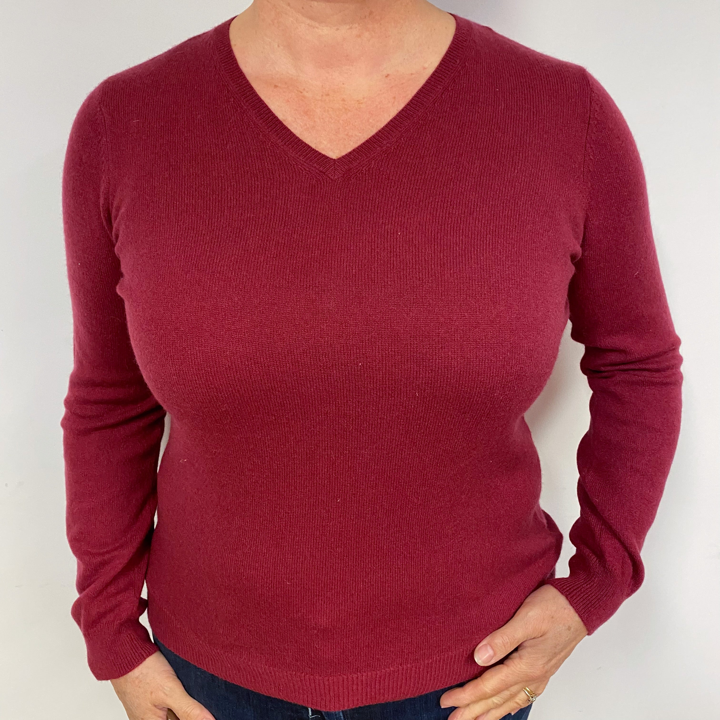 Crimson Red Cashmere V-Neck Jumper Large Slim