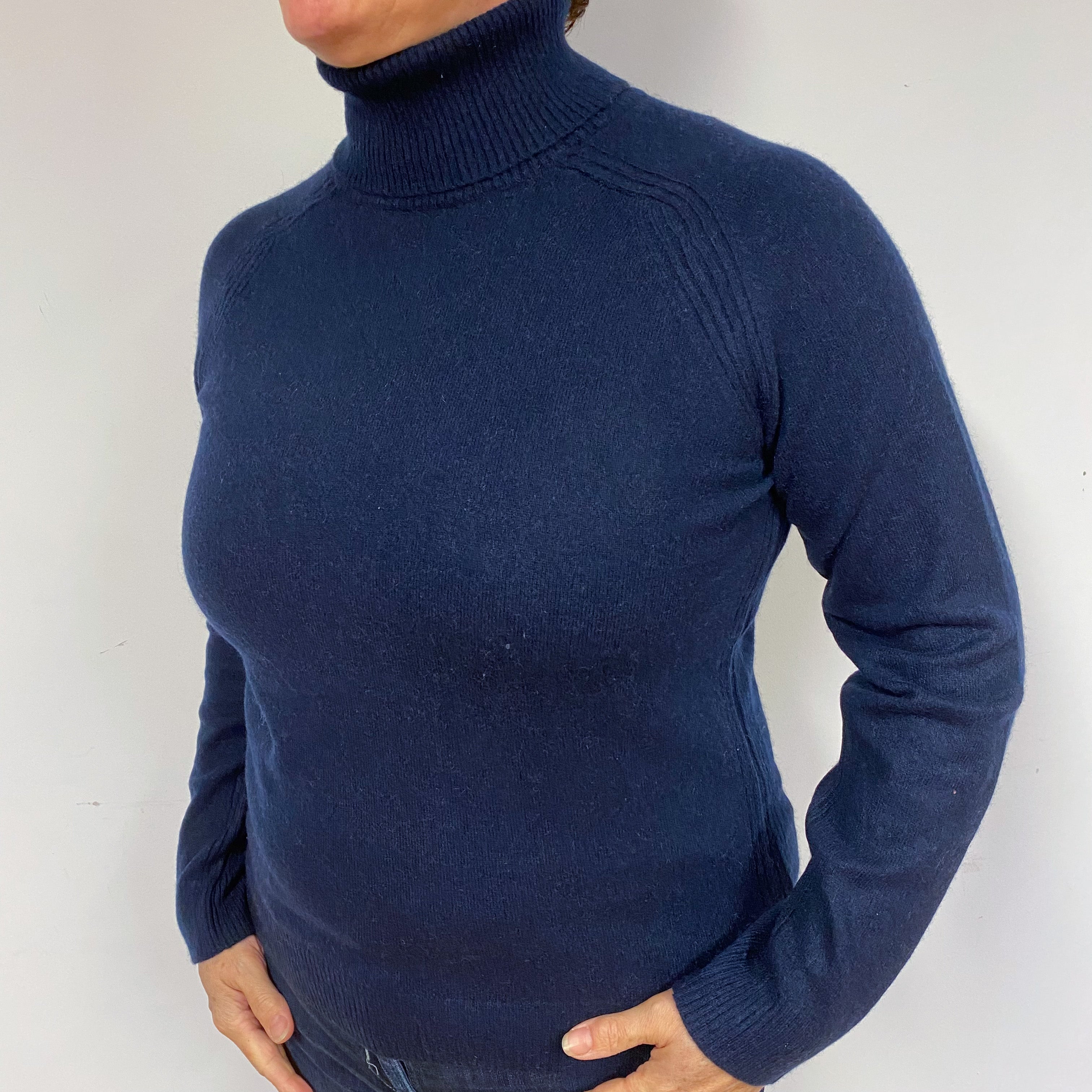 Navy Blue Cashmere Polo Neck Jumper Large