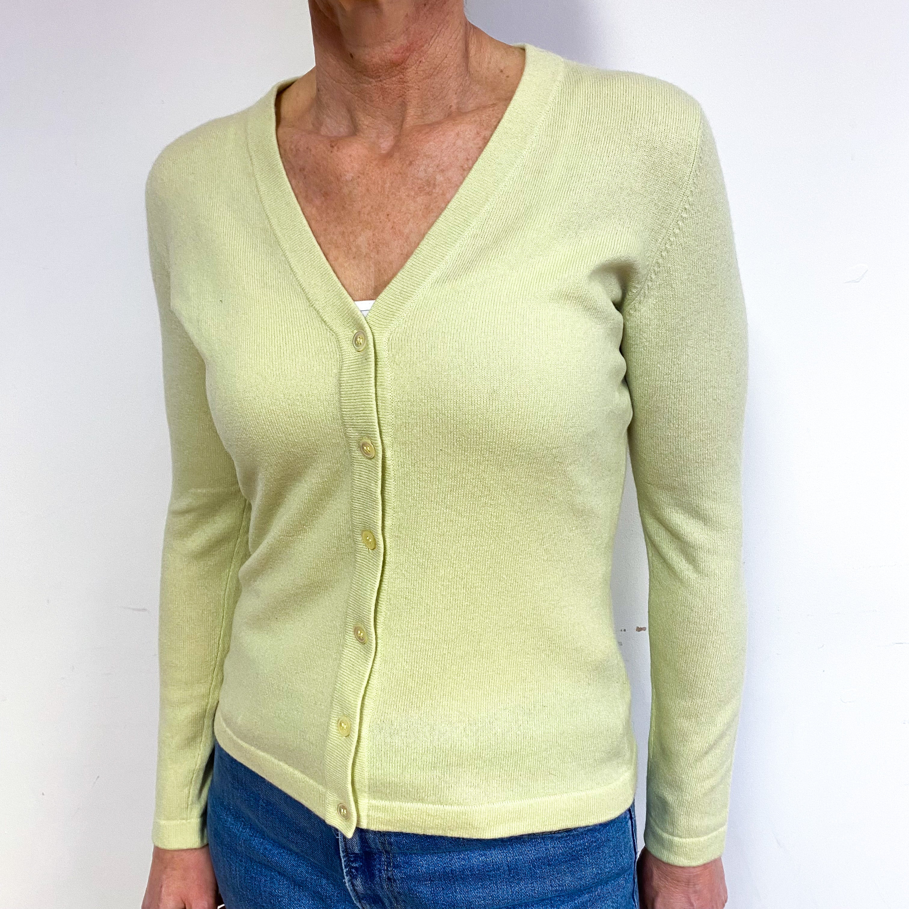 Soft Lime Green Cashmere V-Neck Cardigan Medium