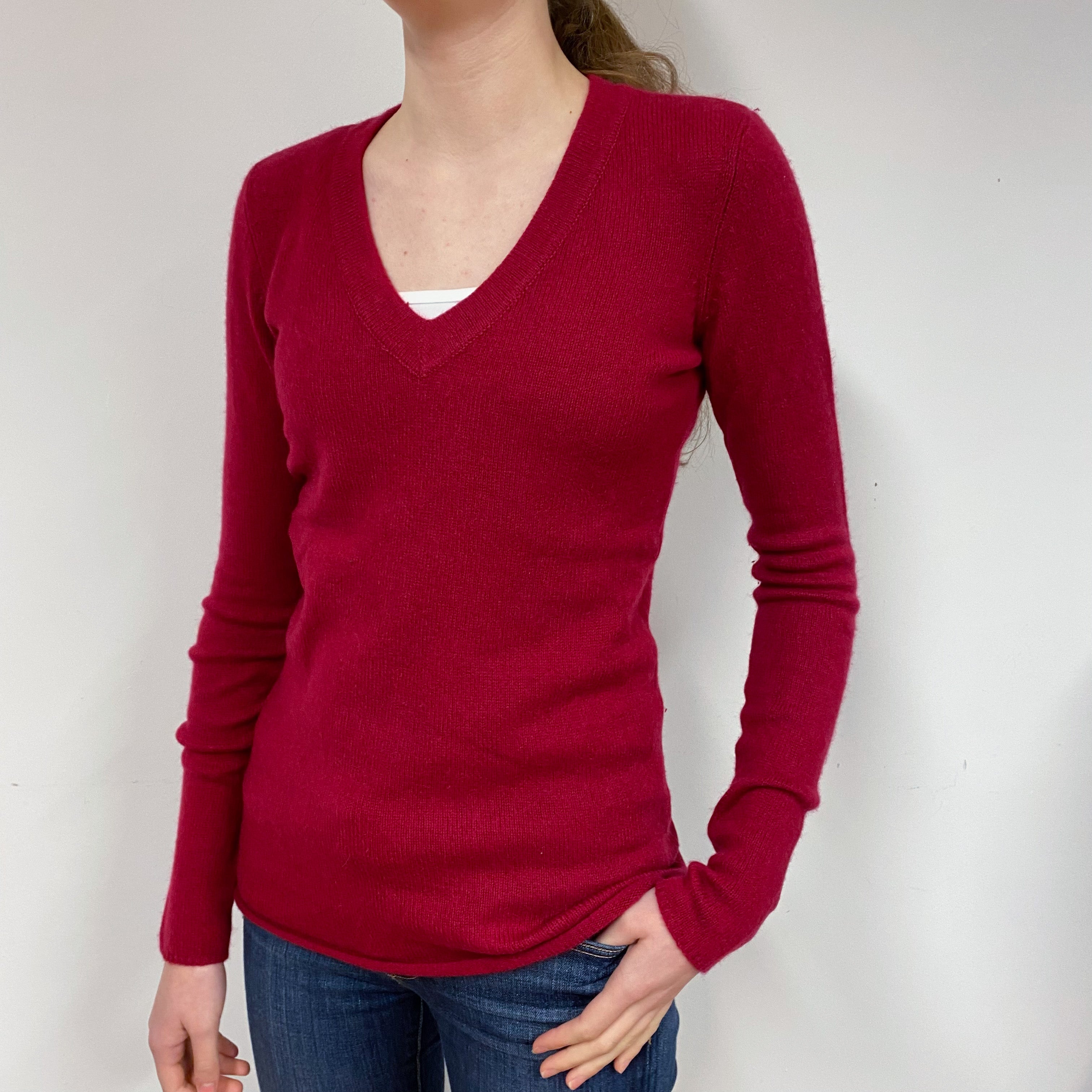 Ruby Red Cashmere V-Neck Jumper Extra Small