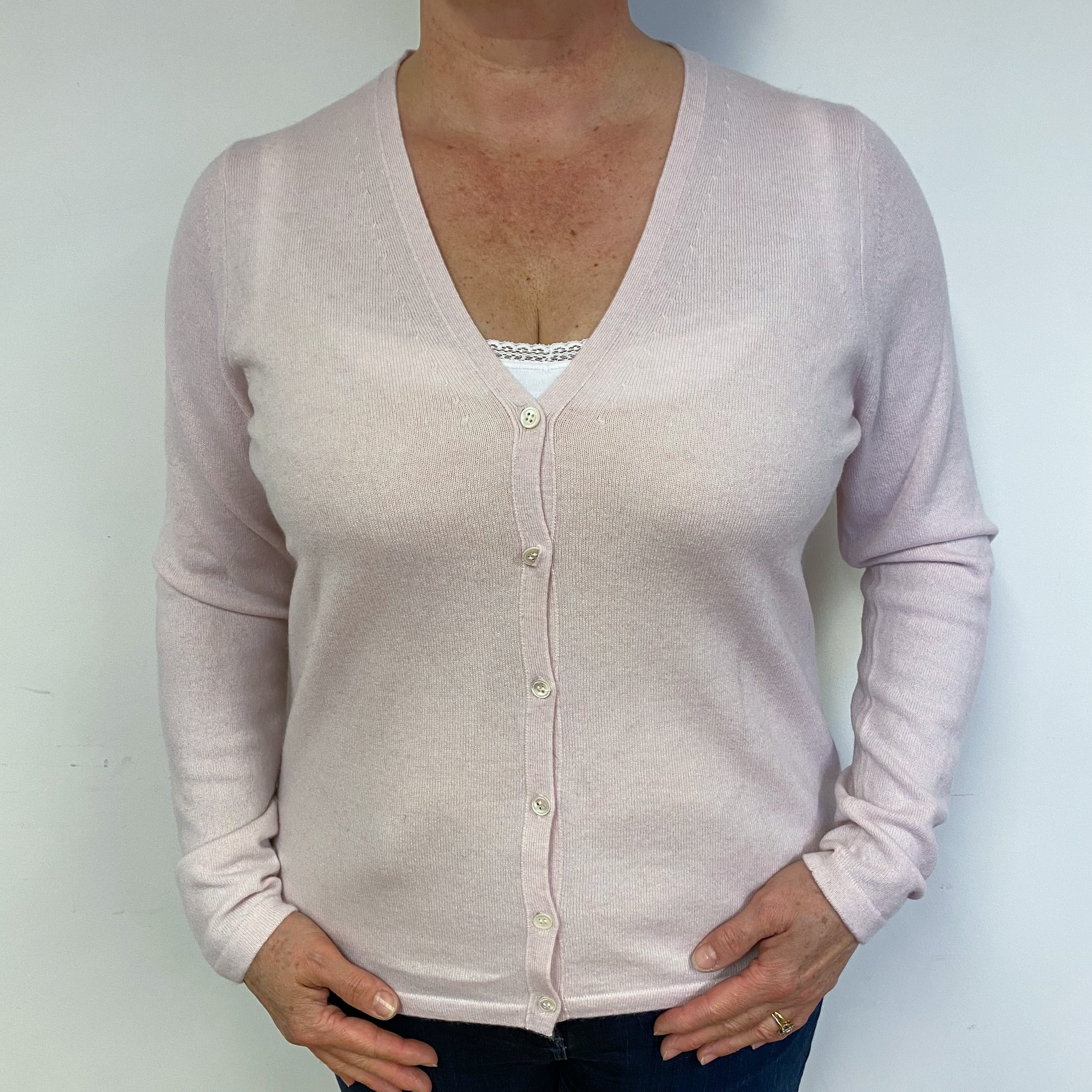 Ice Pink Cashmere V Neck Cardigan Large.