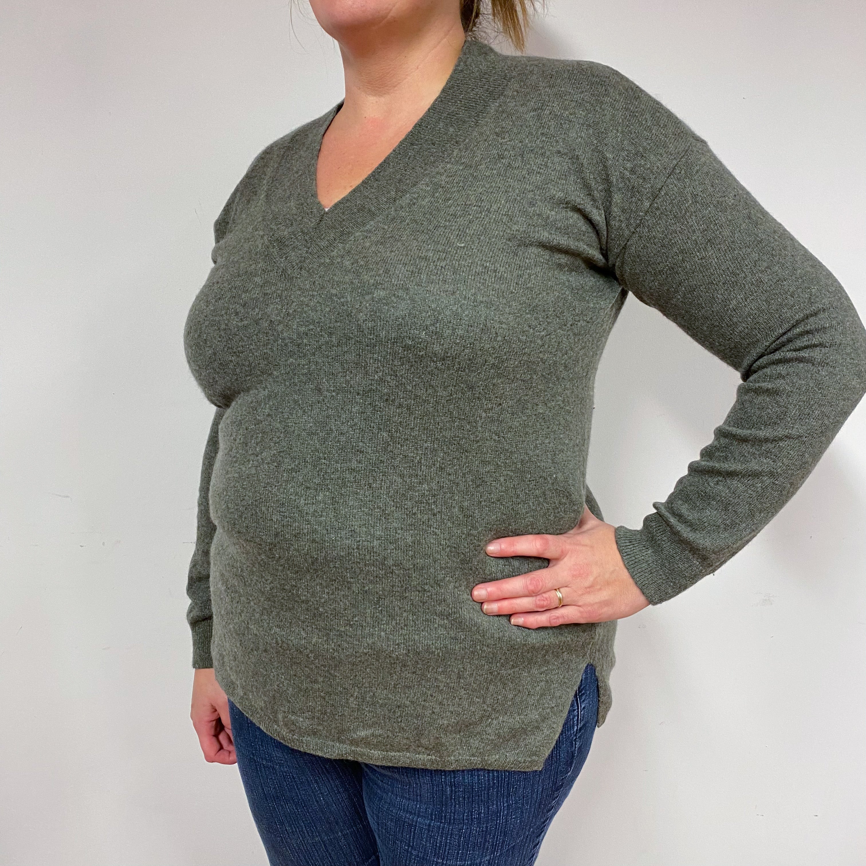 Khaki Green Cashmere V-Neck Jumper Extra Large