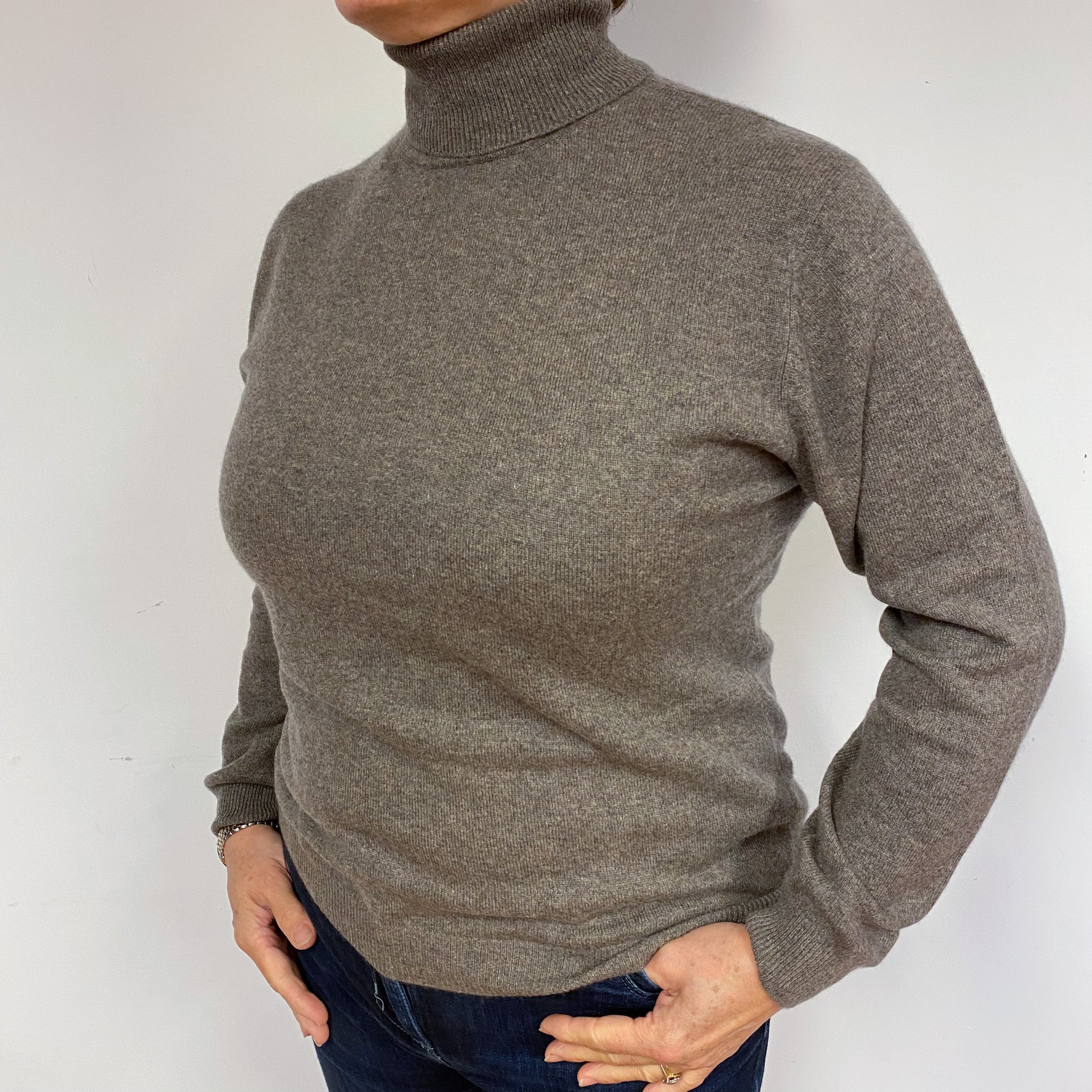 Mocha Brown Cashmere Polo Neck Jumper Large