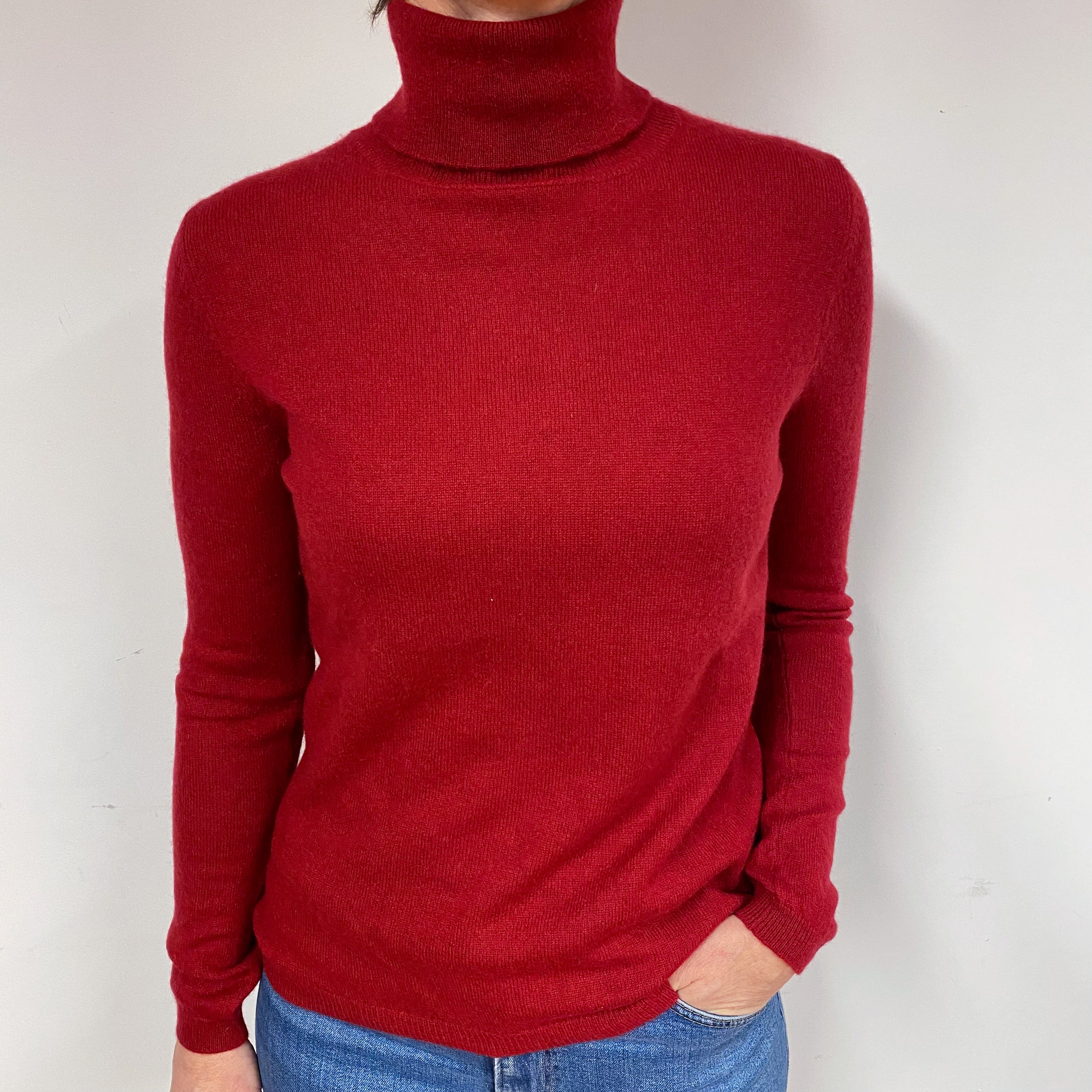 Crimson Red Cashmere Polo Neck Jumper Medium