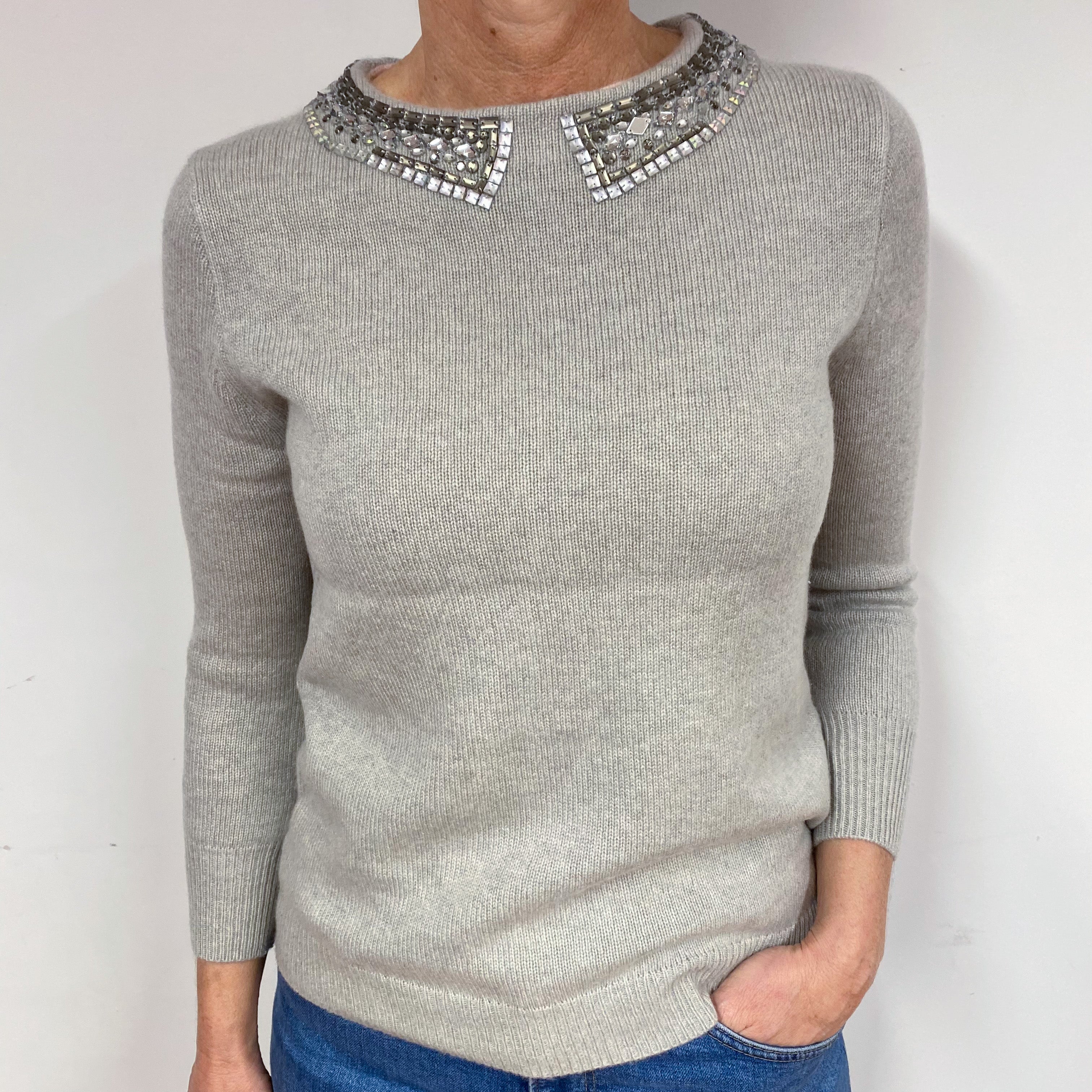 Mist Grey Embellished Cashmere Crew Neck Jumper Medium