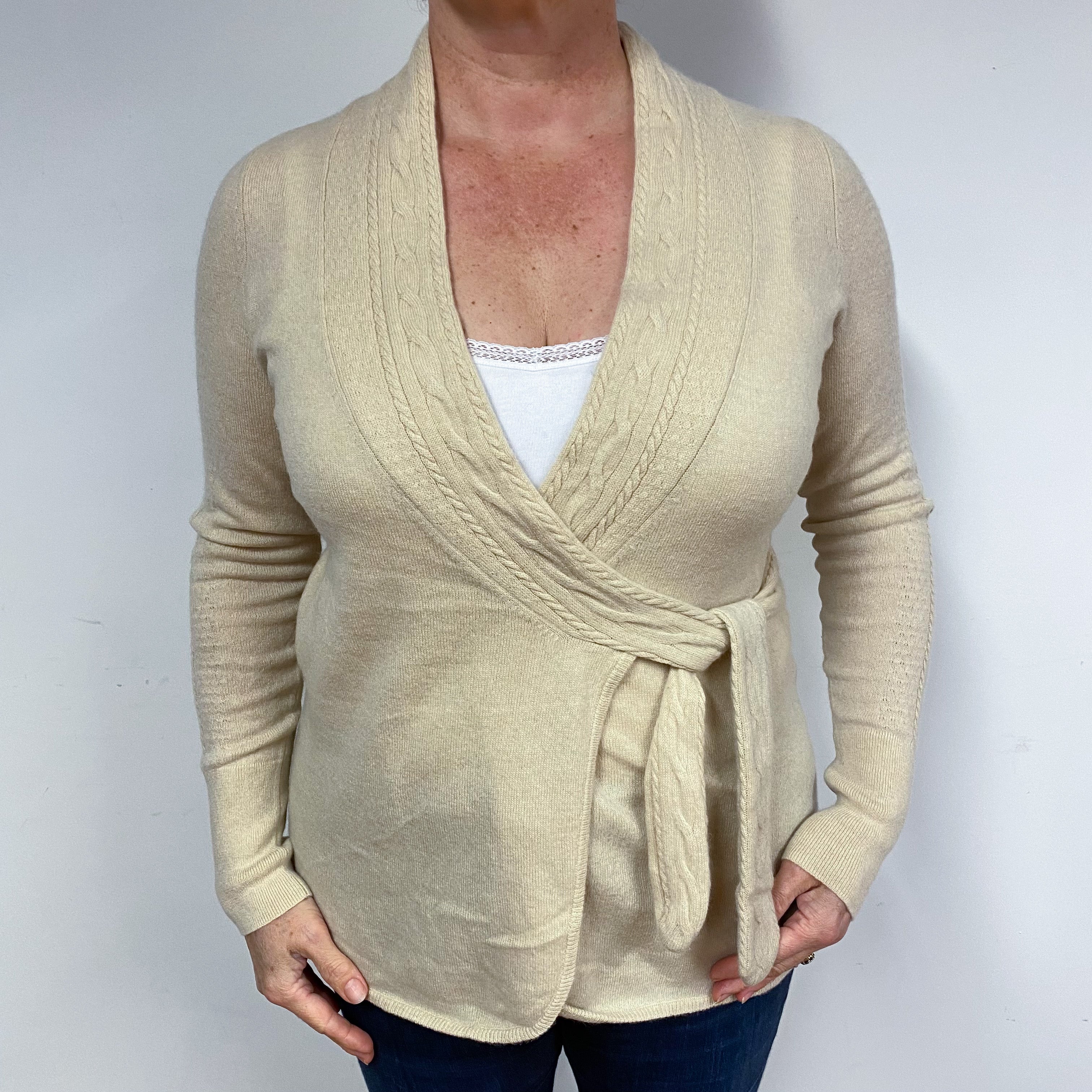 Sand Beige Cashmere Tie Front Cardigan Large