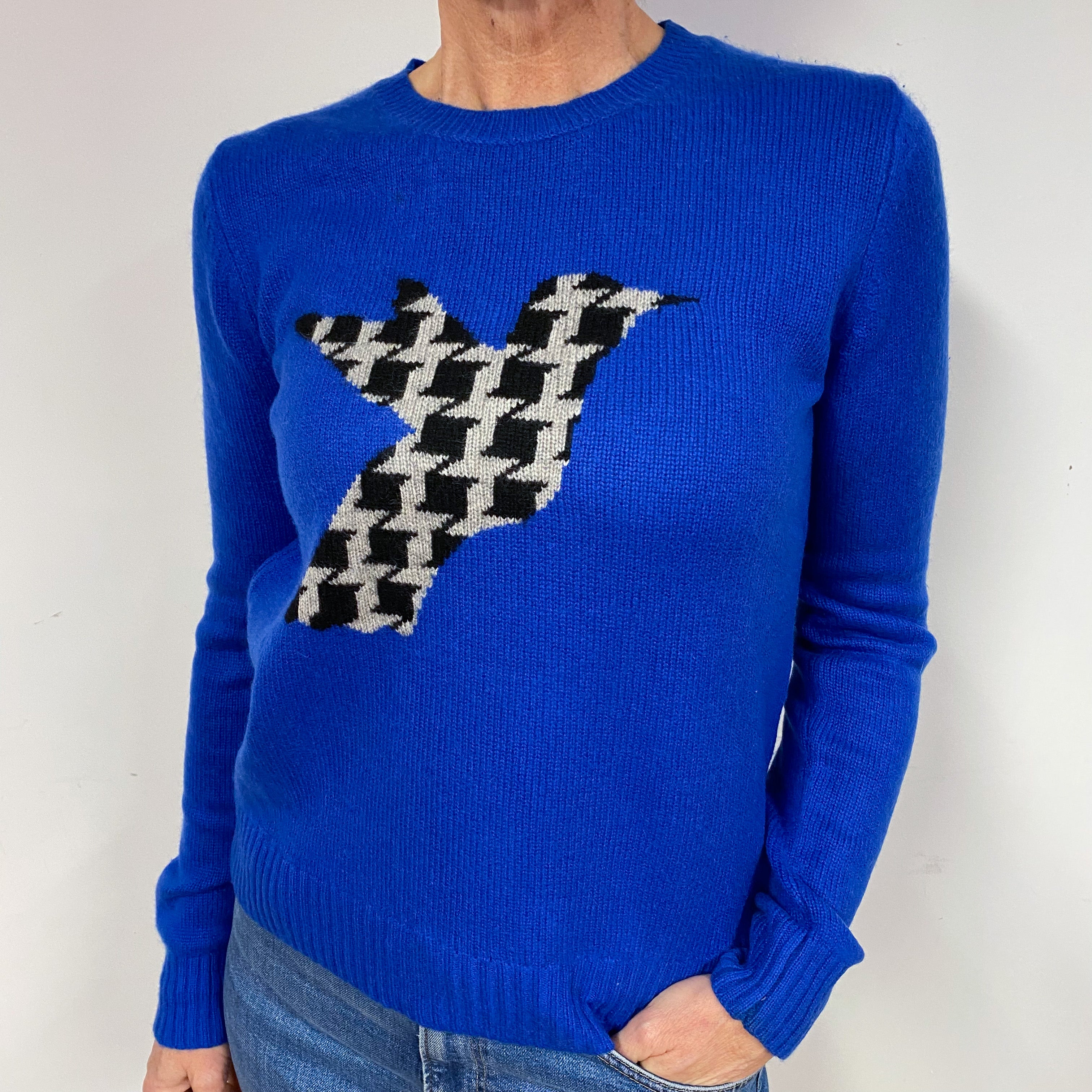 Cobalt Blue Bird Cashmere Crew Neck Jumper Medium