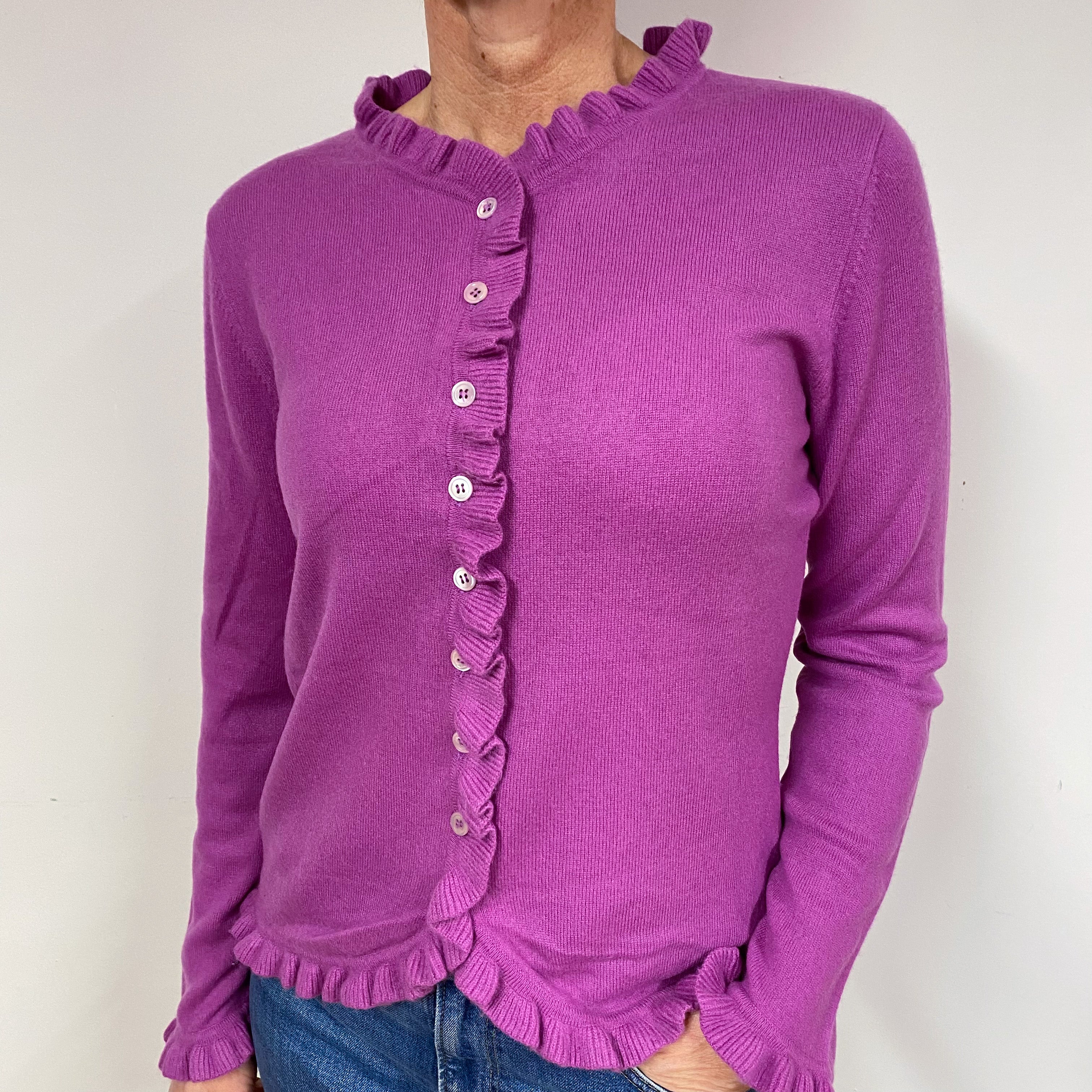 Magenta Purple Frill Cashmere Crew Neck Cardigan Medium