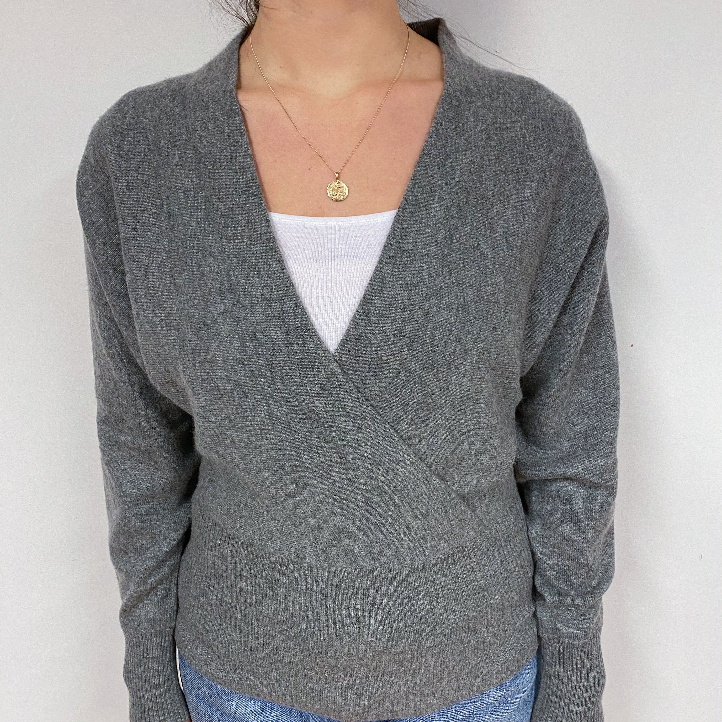 Steel Grey Cross Over Cashmere V-Neck Jumper Small