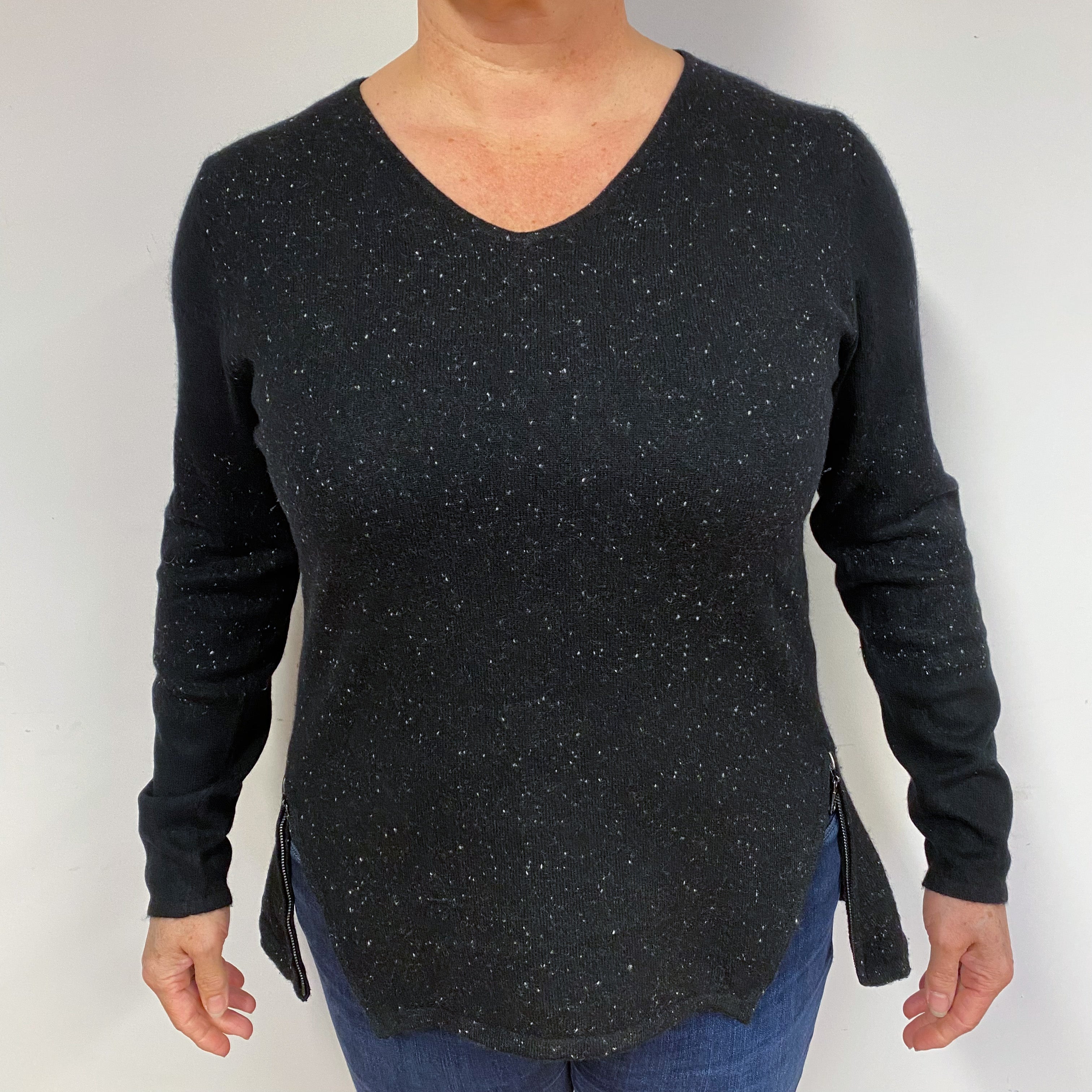 Longer Style Black Cashmere V-Neck Jumper Large