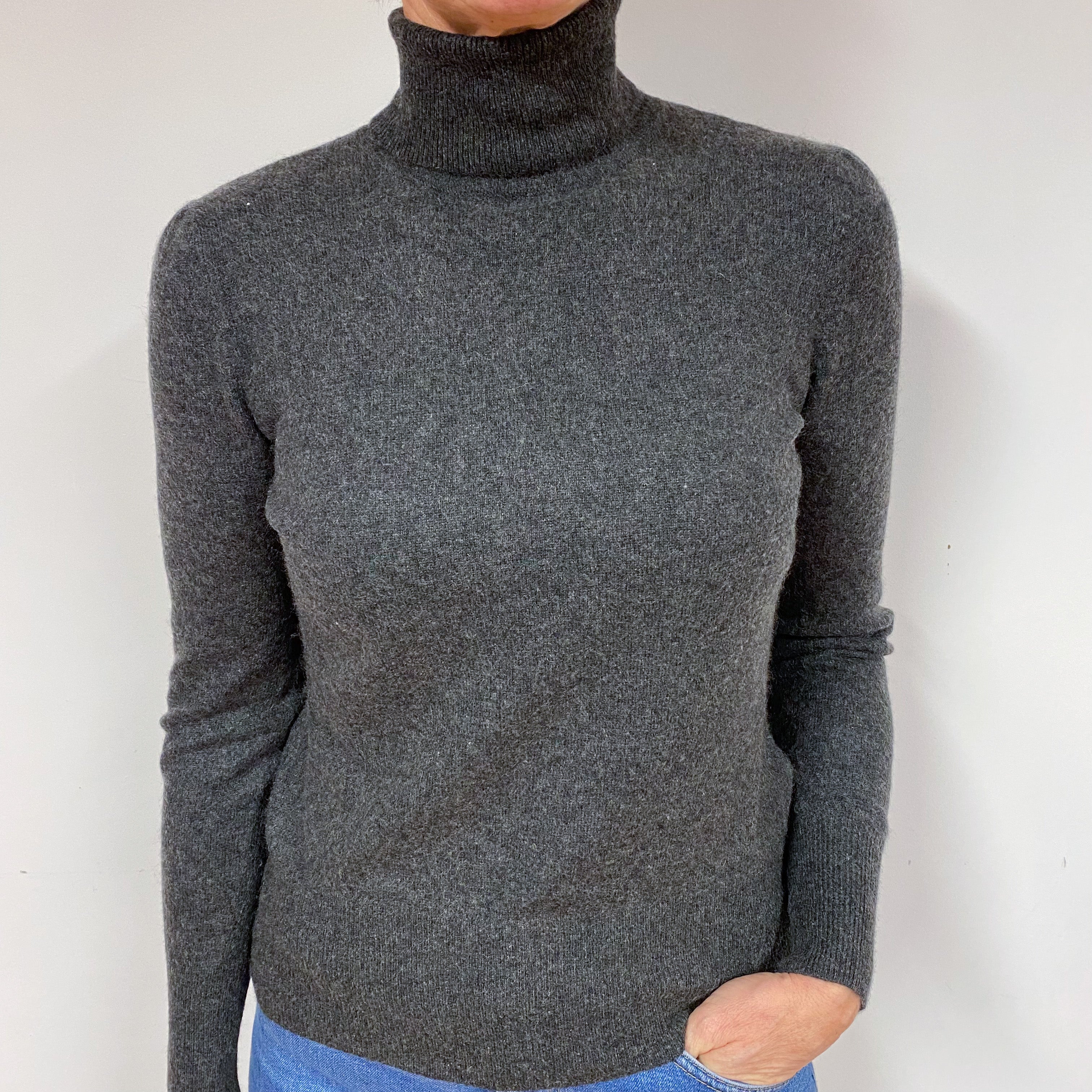 Charcoal Grey Cashmere Polo Neck Jumper Large