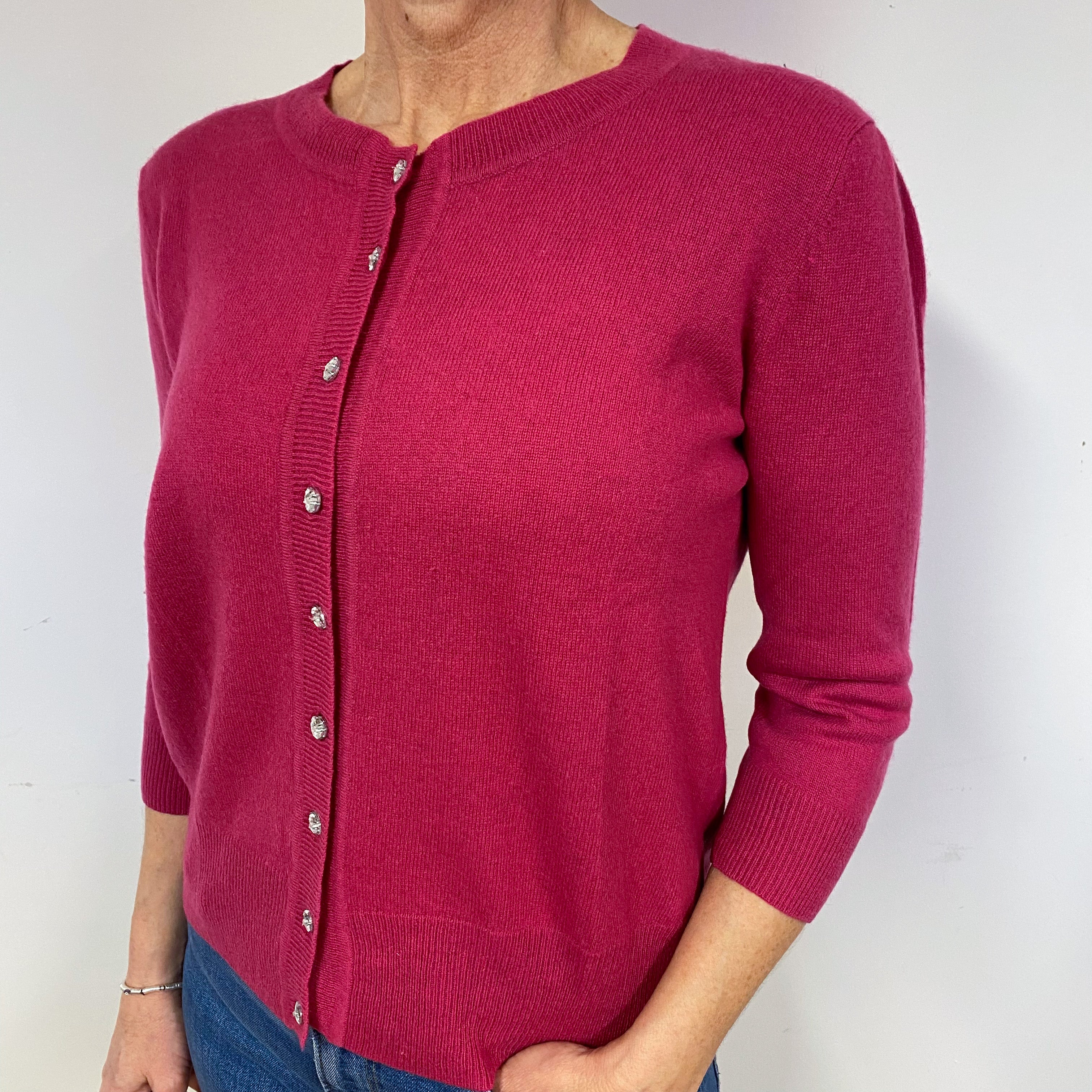 Raspberry Pink Cashmere Crew Neck Cardigan Medium