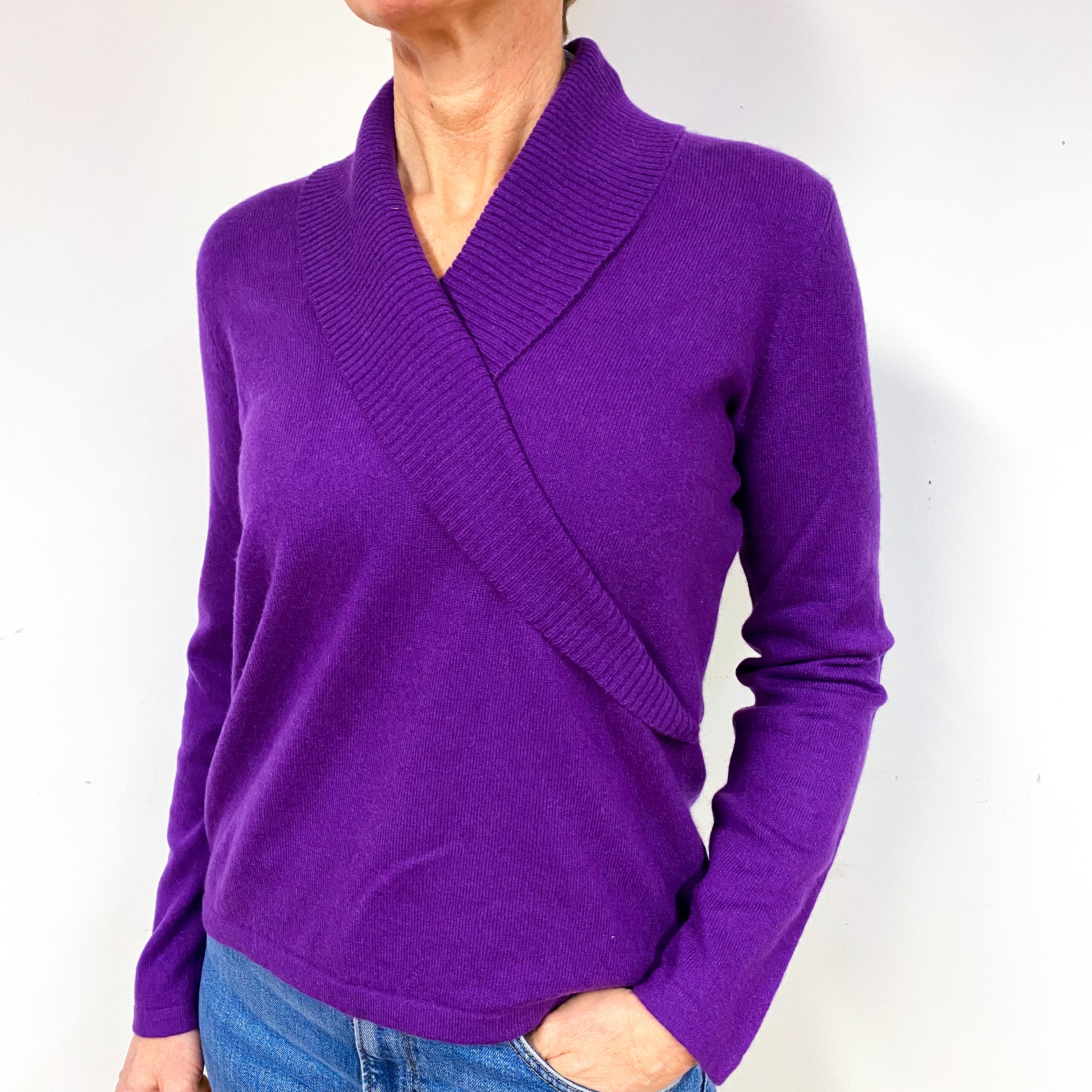 Violet Purple Shawl Collar Cashmere V-Neck Jumper Medium