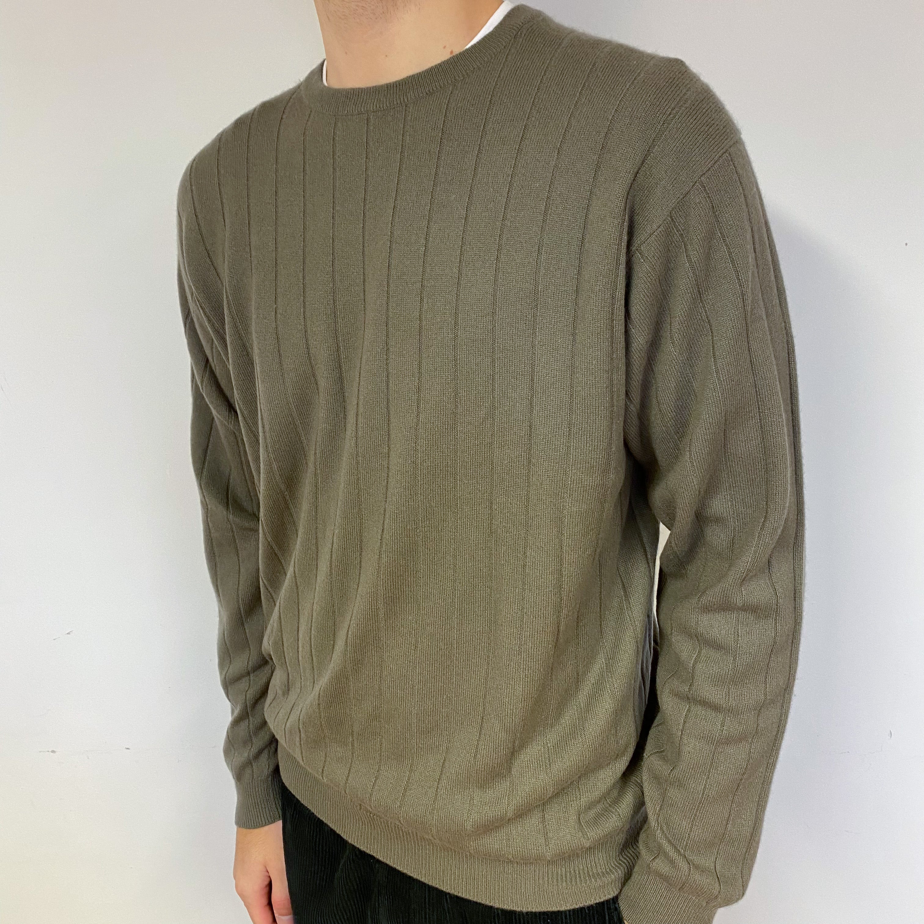 Men's Dark Taupe Brown Cashmere Ribbed Crew Neck Jumper Large