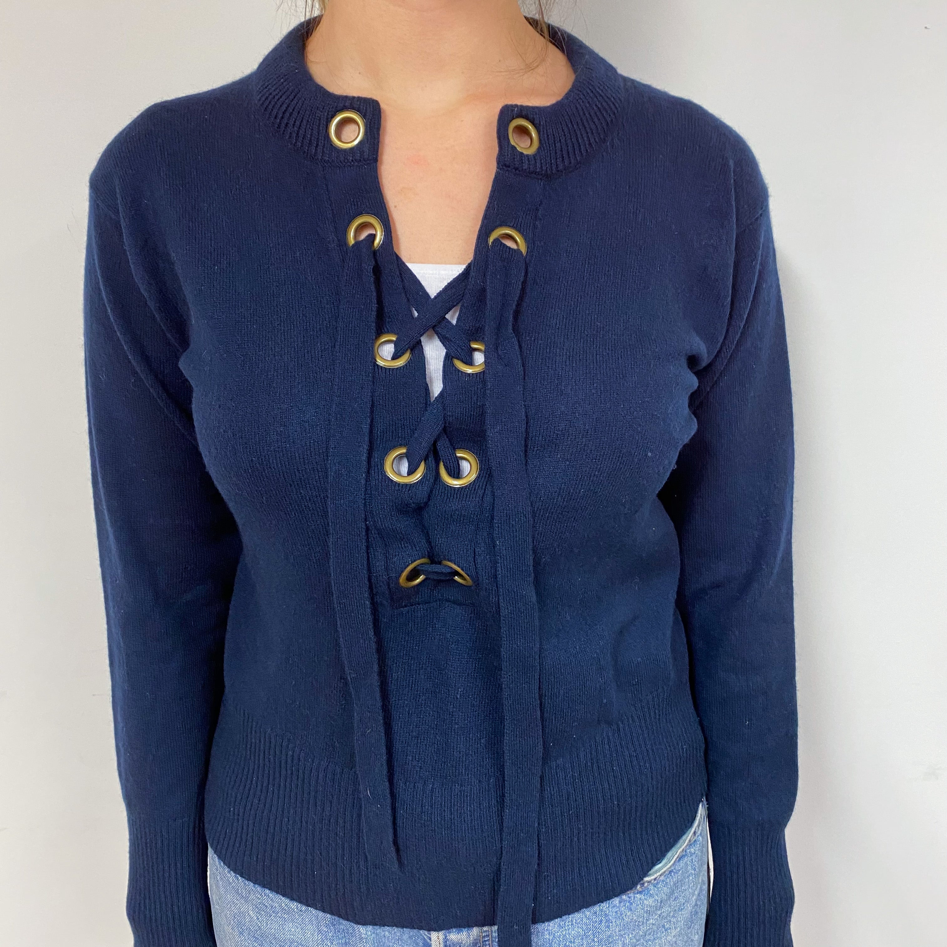 Navy Blue Lace Up Cashmere V-Neck Jumper Small