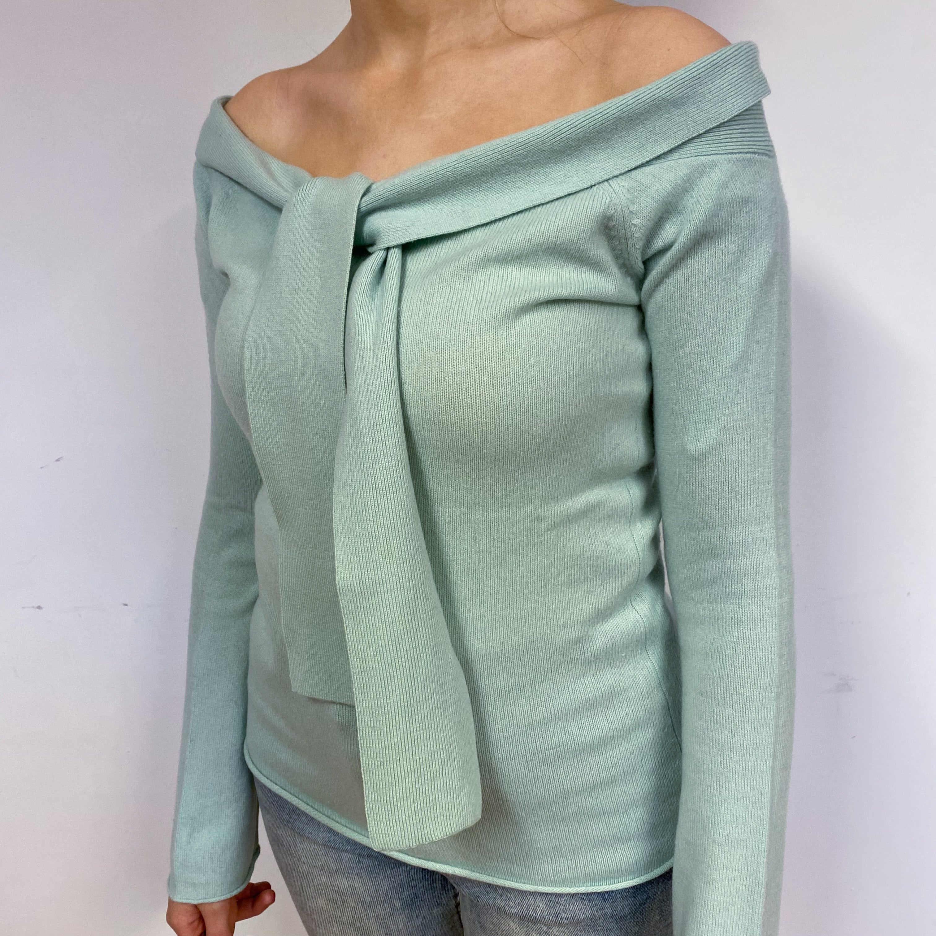 Mint Green Off-Shoulder Cashmere Crew Neck Jumper Small