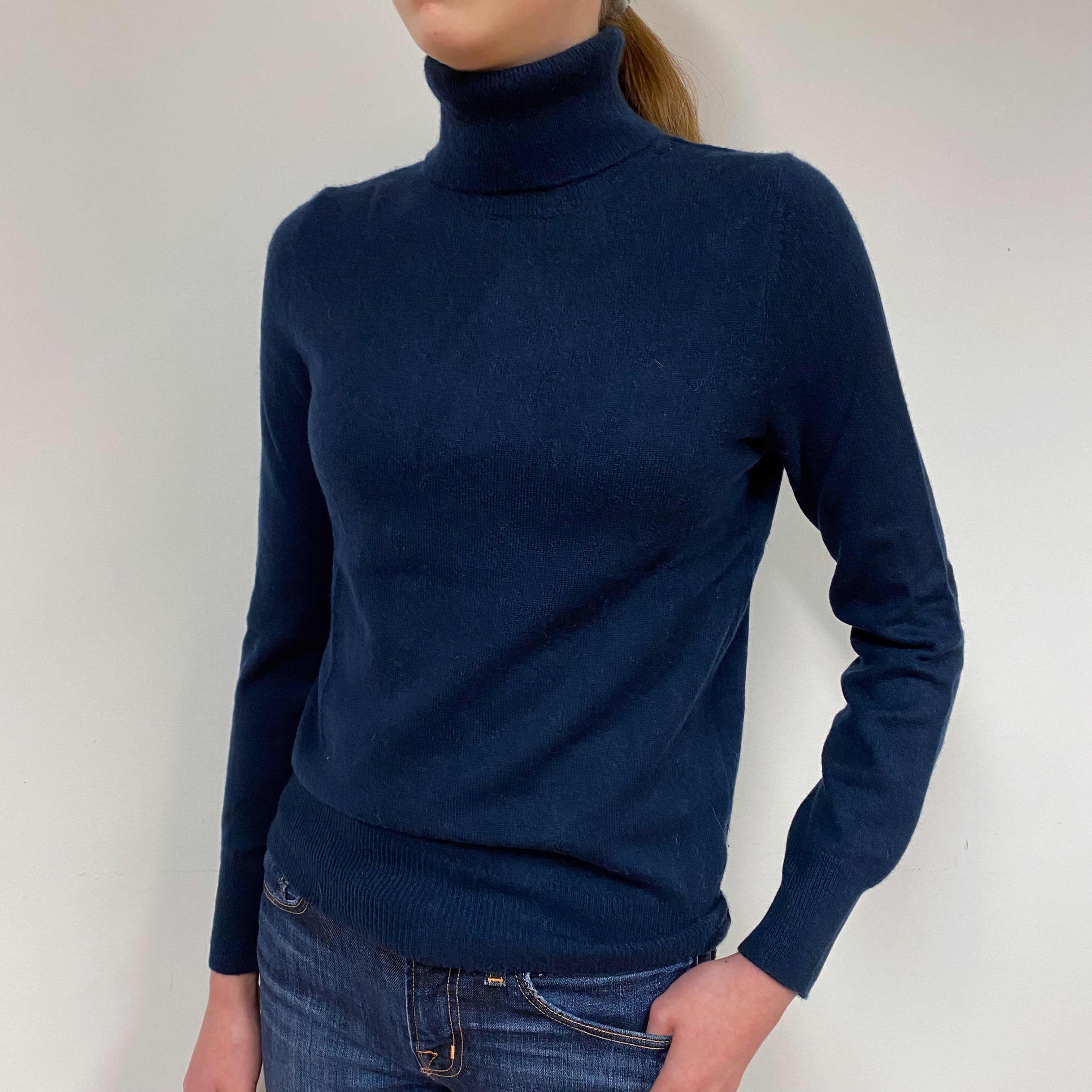 Dark Navy Blue Cashmere Polo Neck Jumper Extra Small