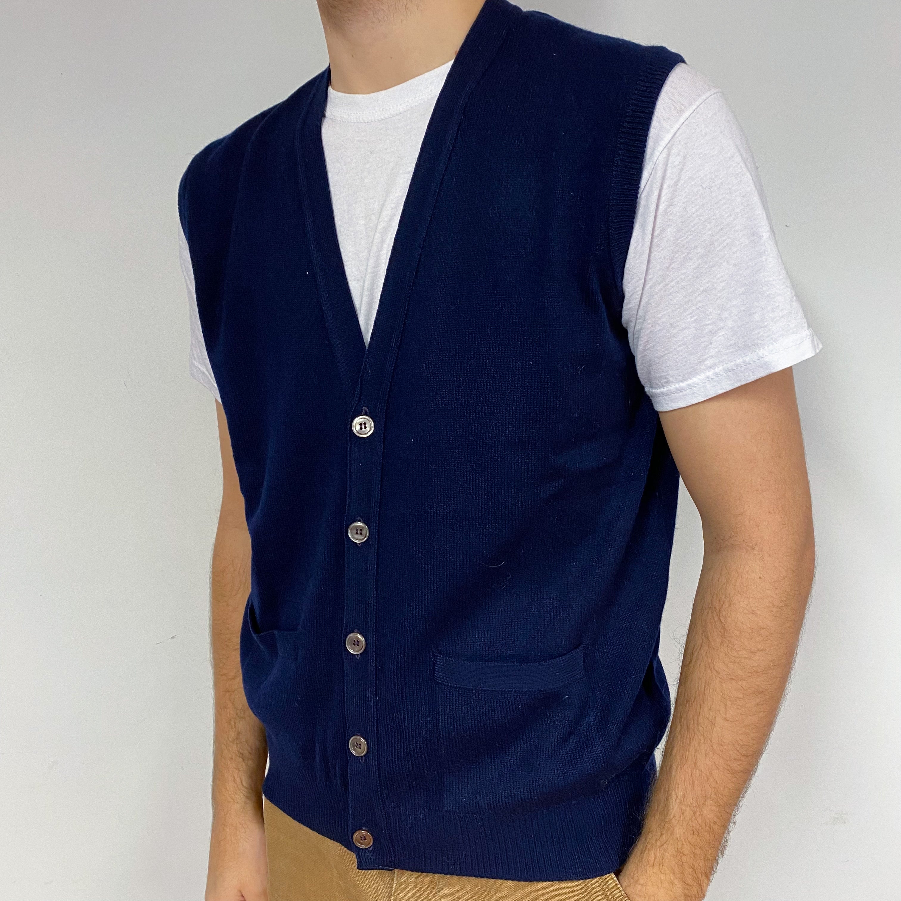 Vintage Navy Men's Cashmere Sleeveless Cardigan Large