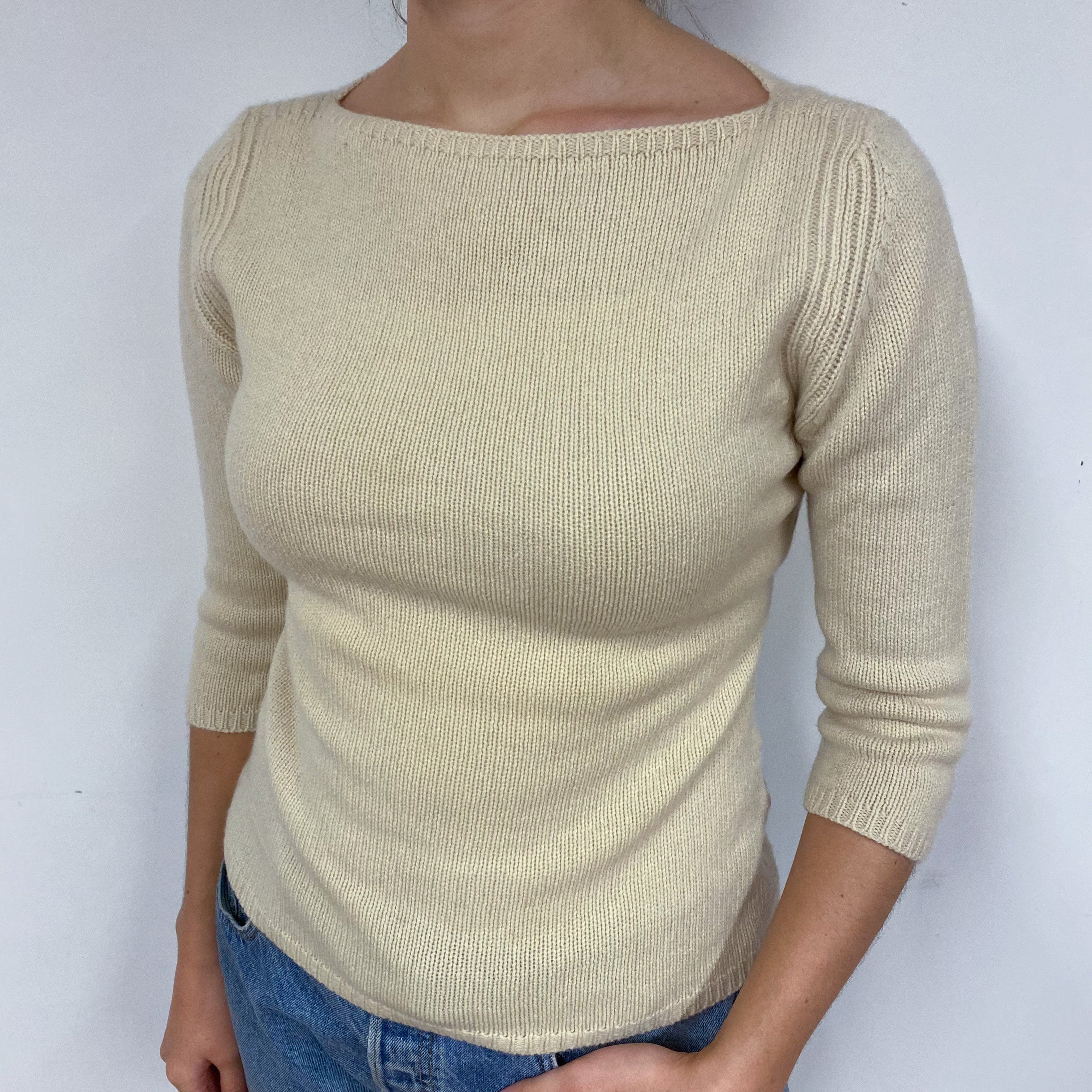 Vanilla Cream Boat Neck Cashmere Crew Neck Jumper Small