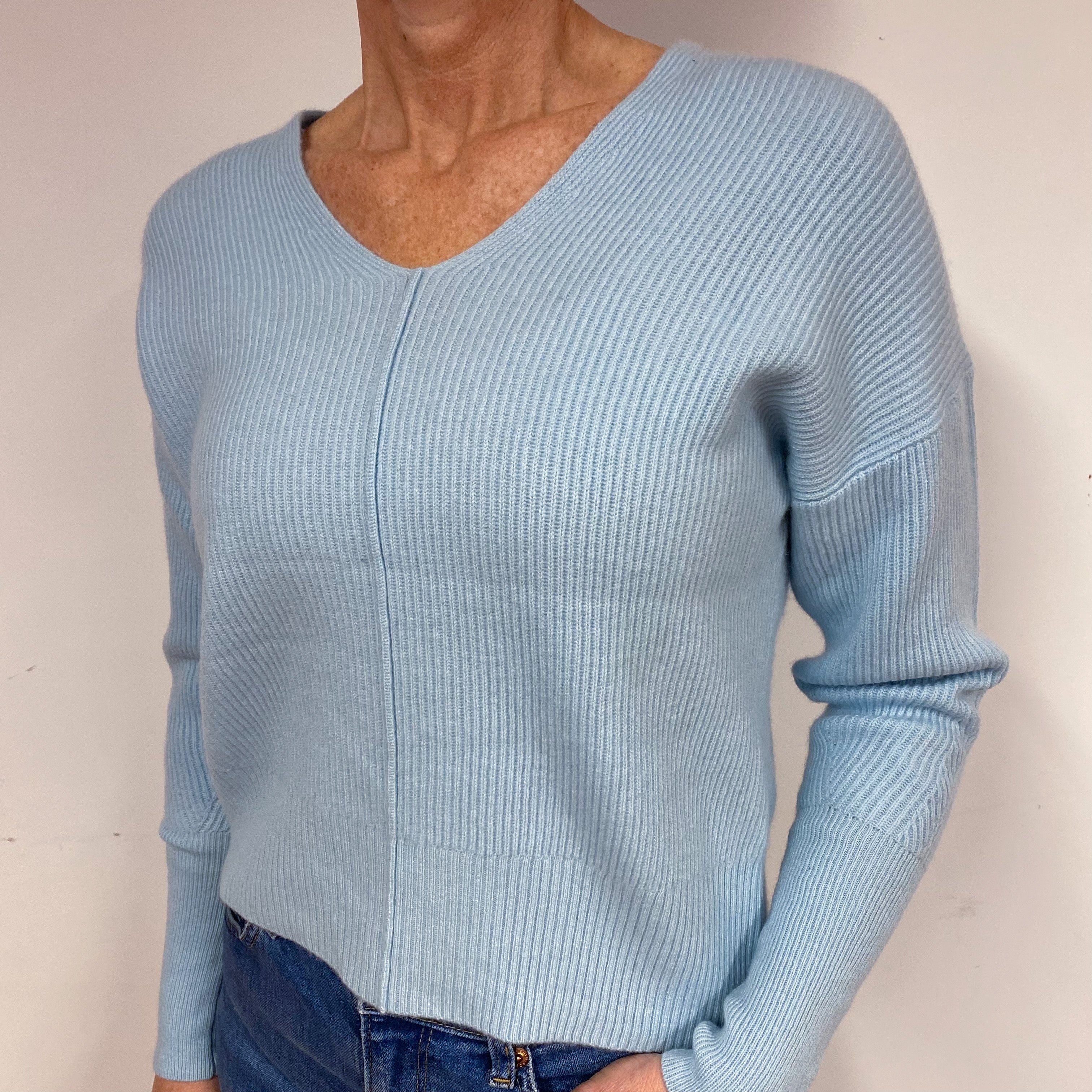 Opal Green Ribbed Cashmere V-Neck Jumper Medium