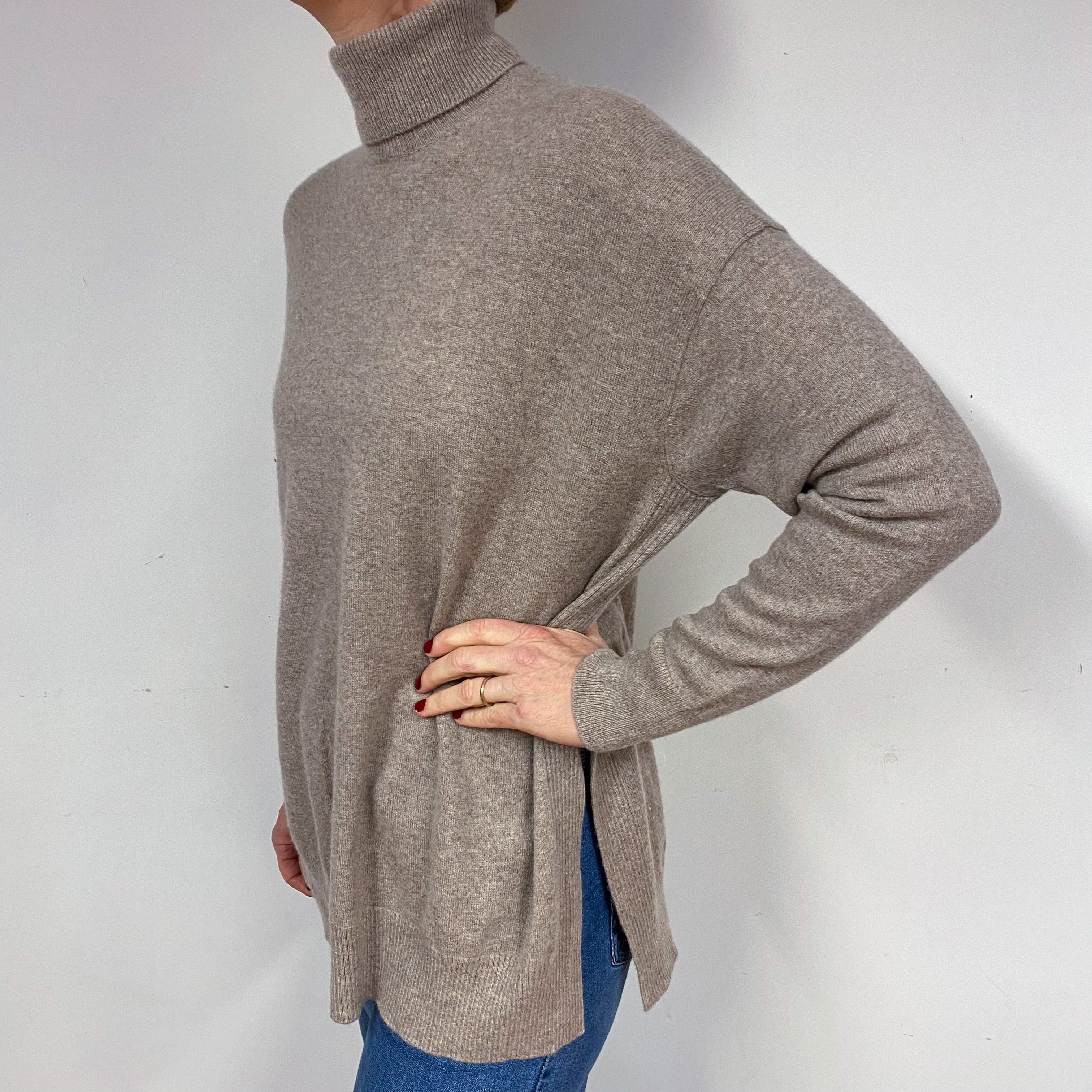 All Saints Slouchy Taupe Cashmere Polo Neck Jumper Medium