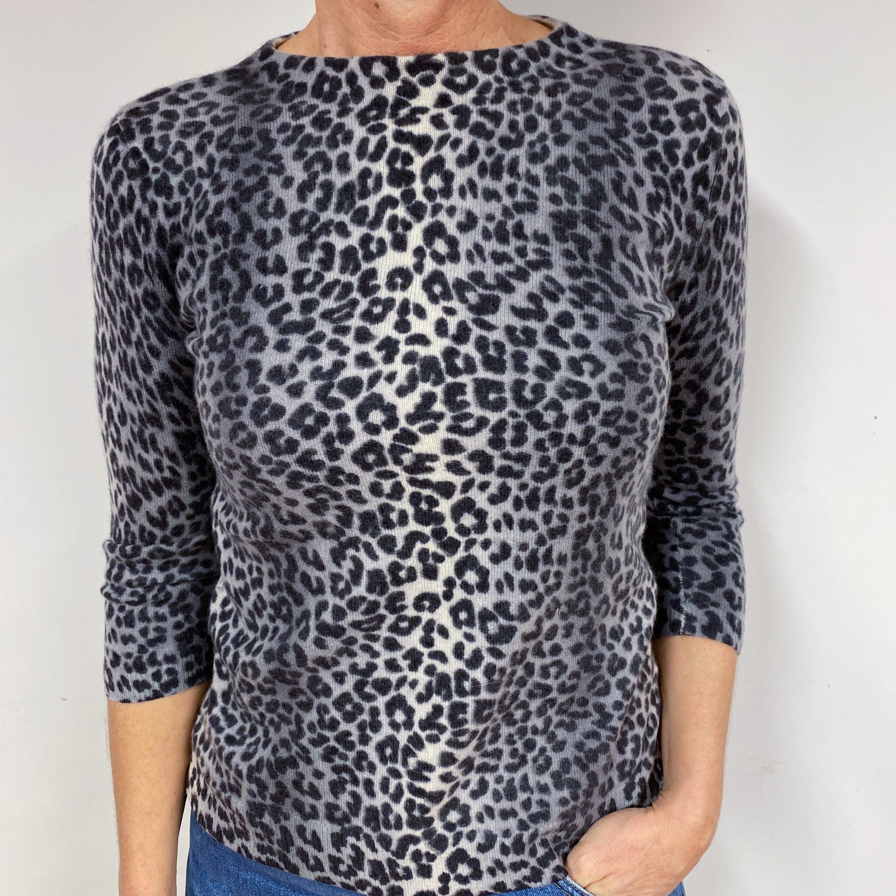 Grey Leopard Cashmere Crew Neck Jumper Medium