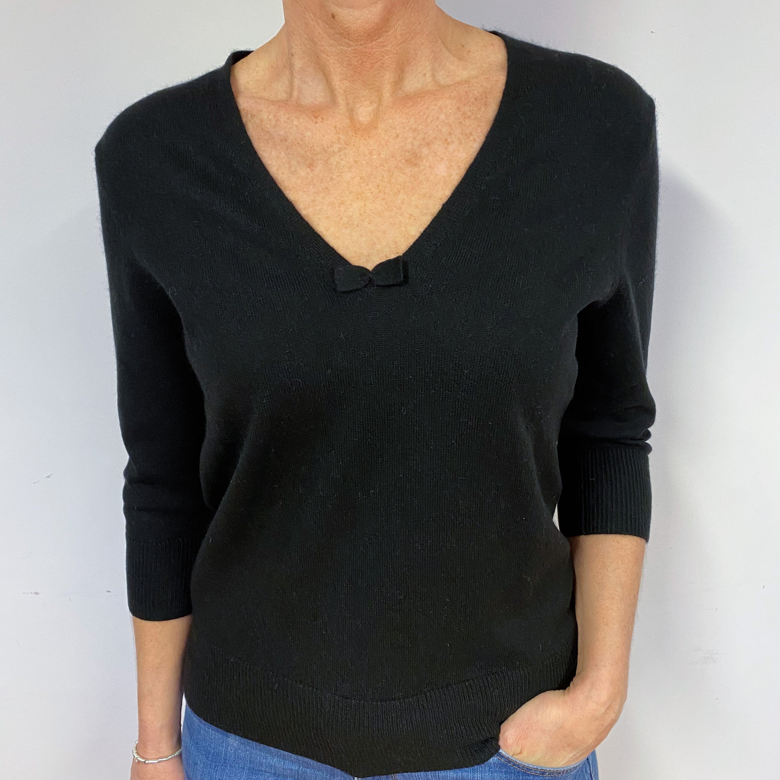 Black 3/4 Sleeve Cashmere V-Neck Jumper Medium