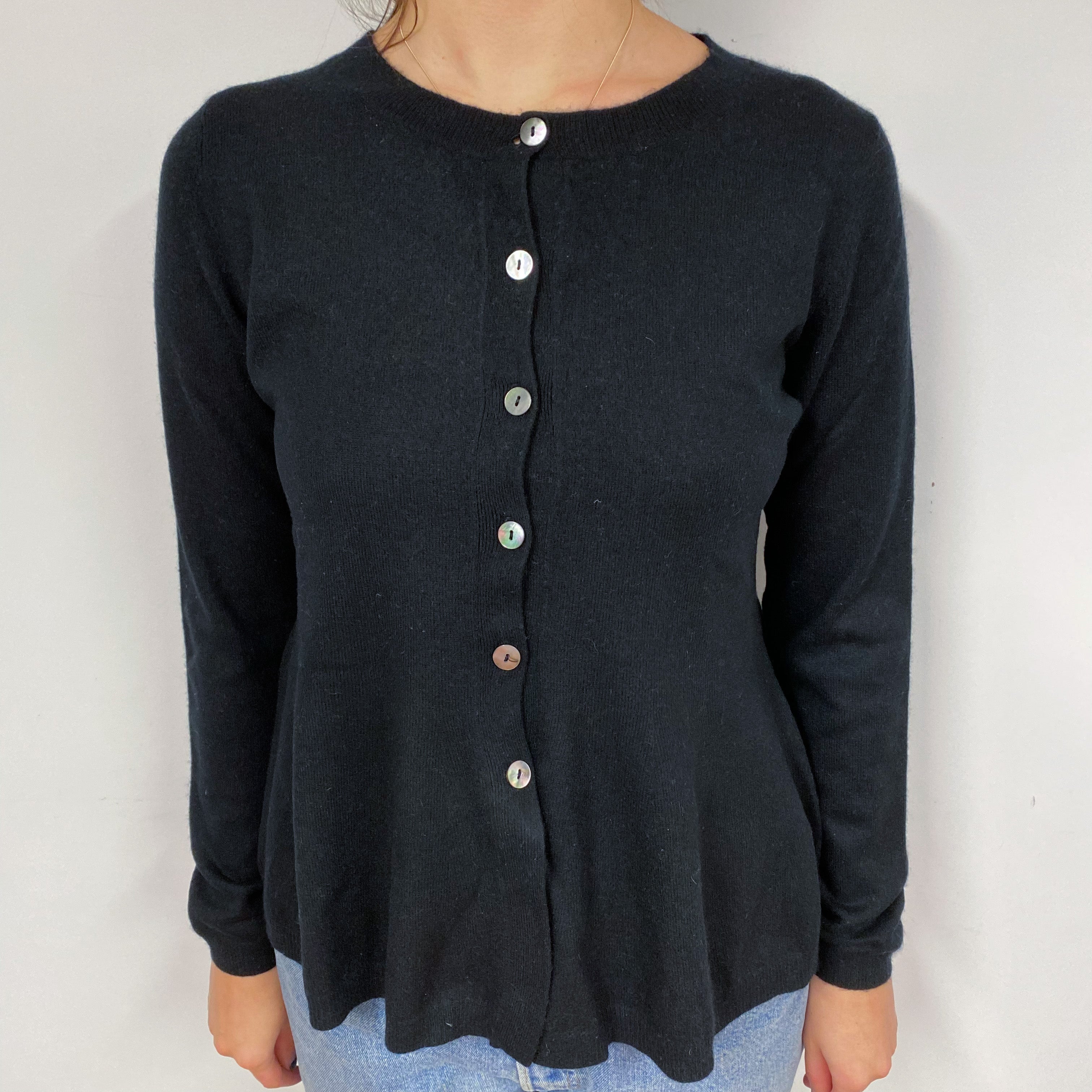 Black Frill Hem Cashmere Crew Neck Cardigan Small