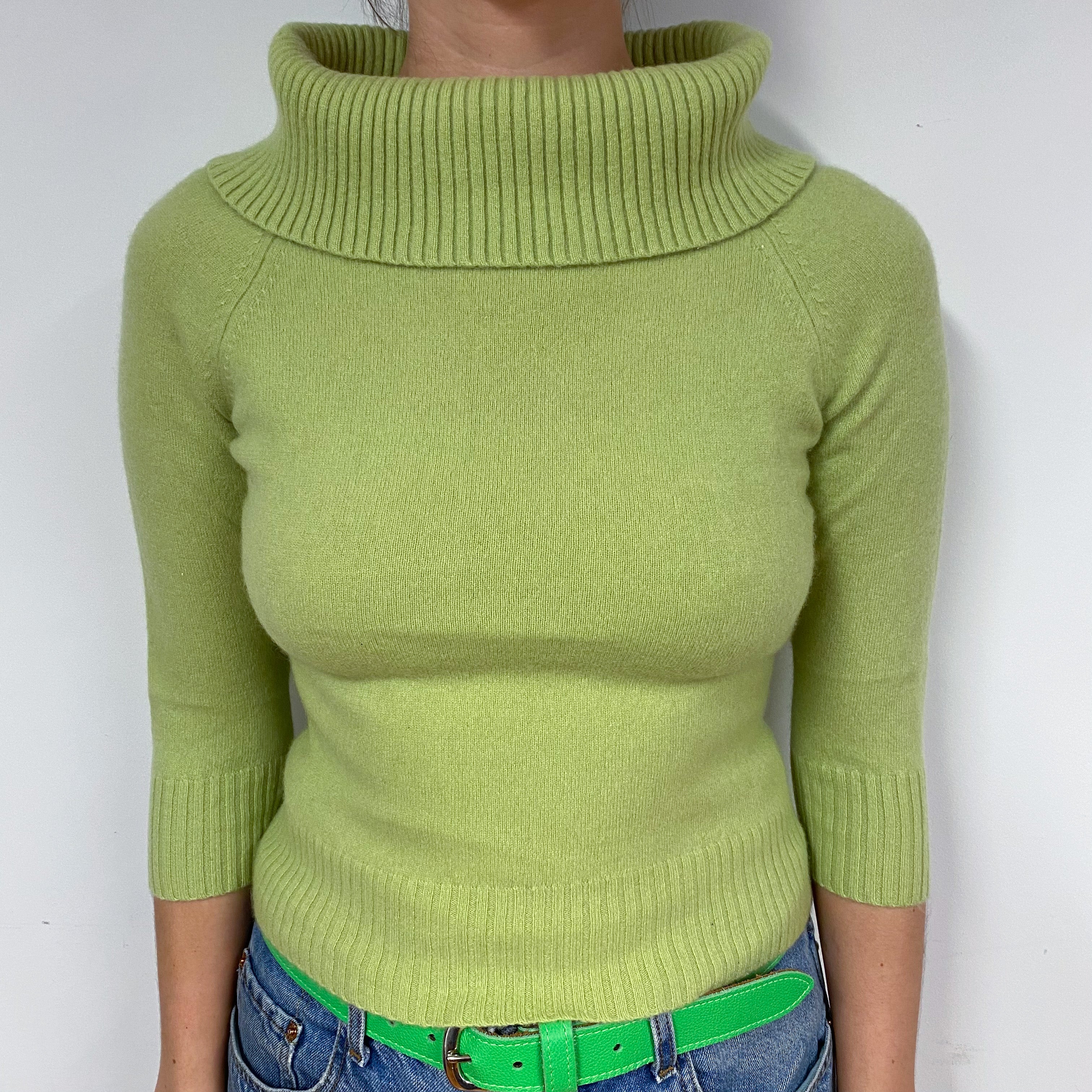 Lime Green 3/4 Sleeve Cashmere Polo Neck Jumper Small