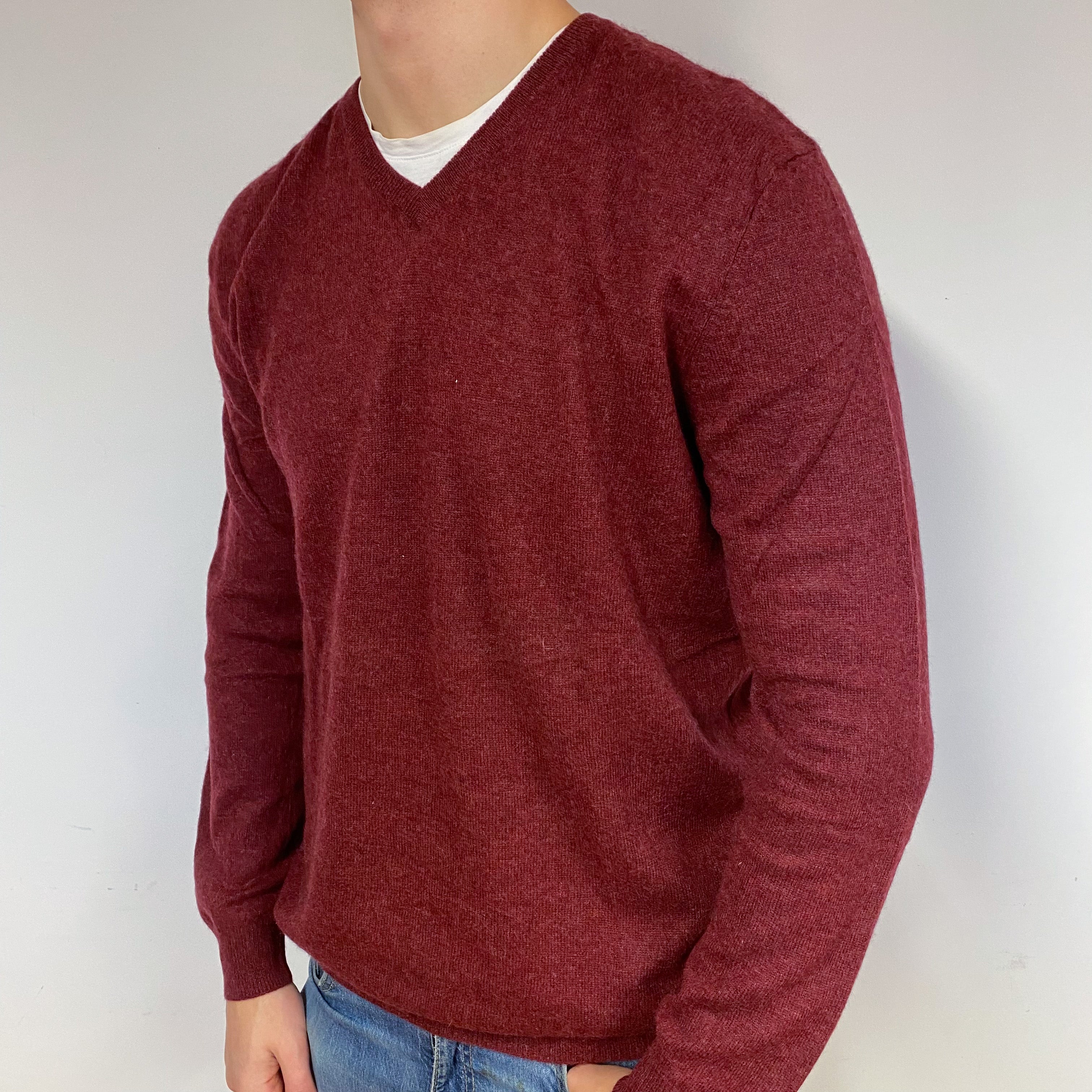 Men's Wine Red Cashmere V-Neck Jumper Extra Large