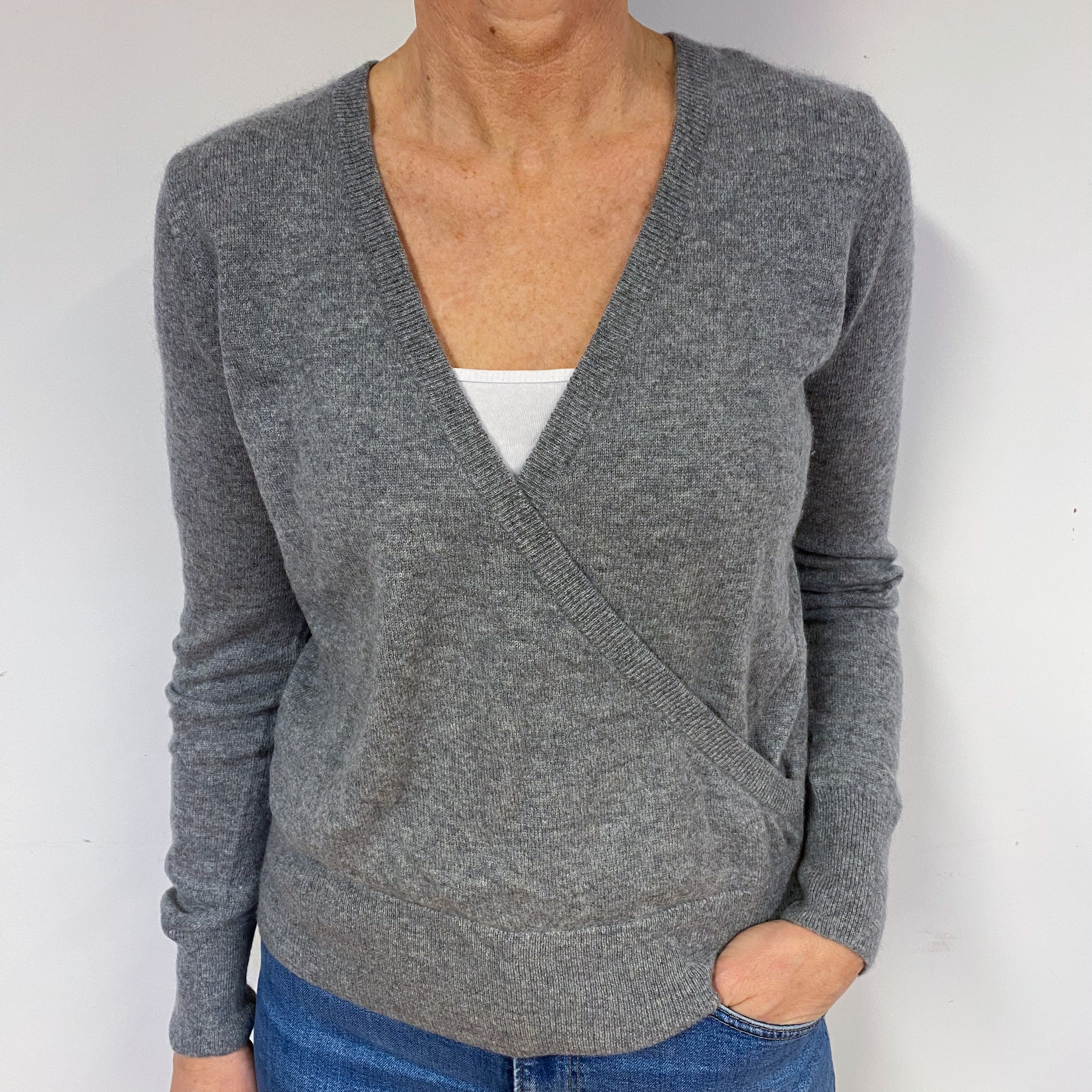 Grey Cross-Over Cashmere V-Neck Jumper Medium