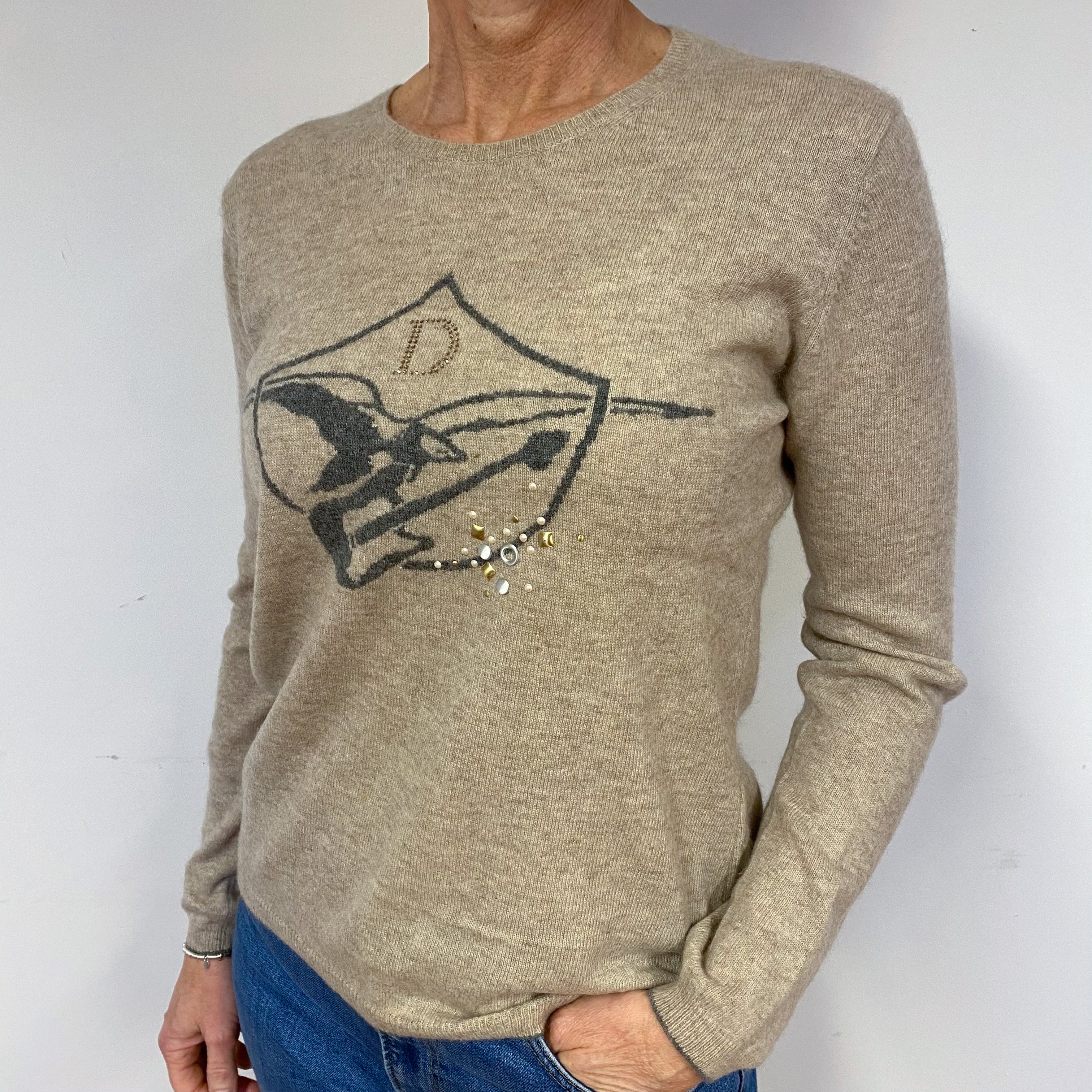 Fawn Bird Motif Cashmere Crew Neck Jumper Medium