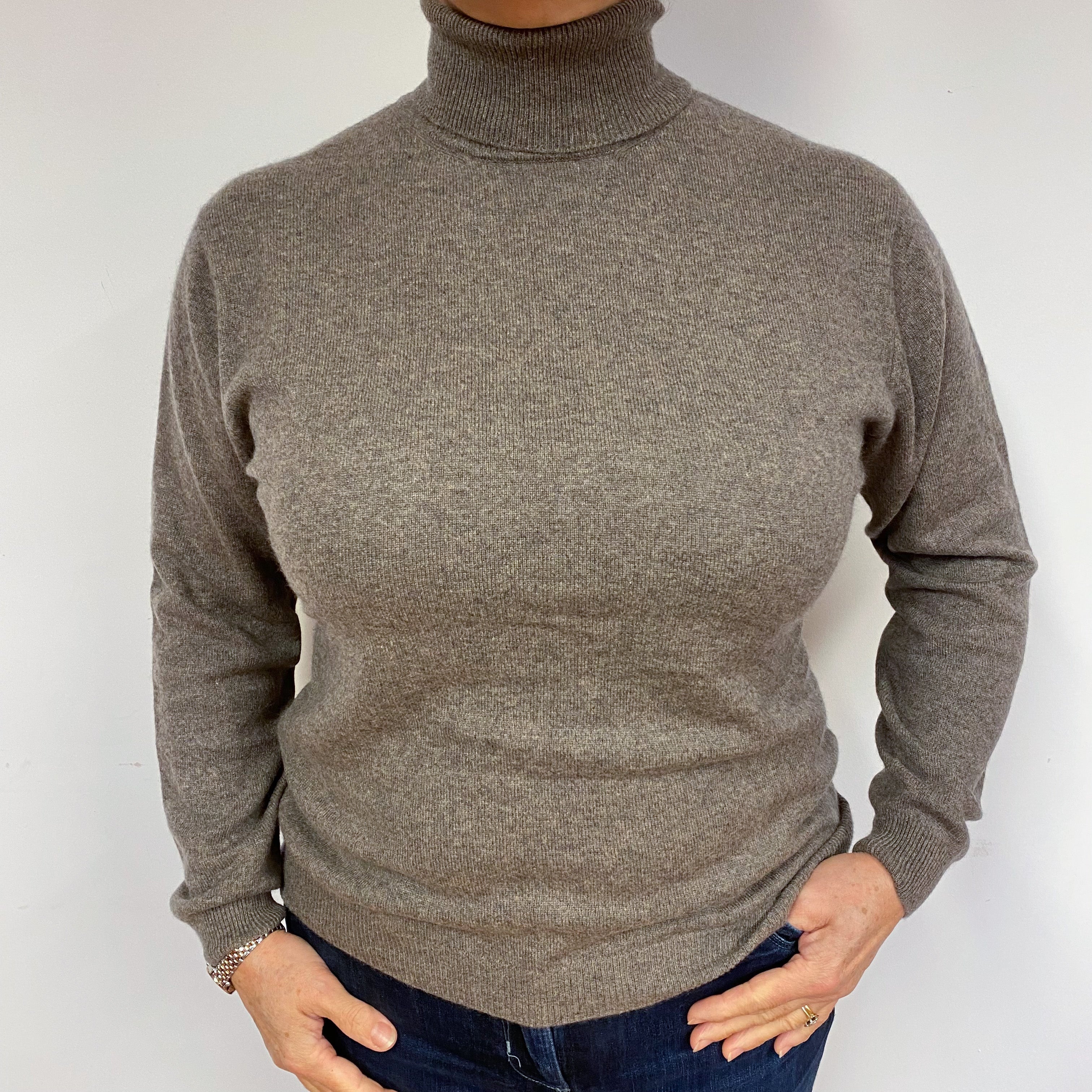 Mocha Brown Cashmere Polo Neck Jumper Large