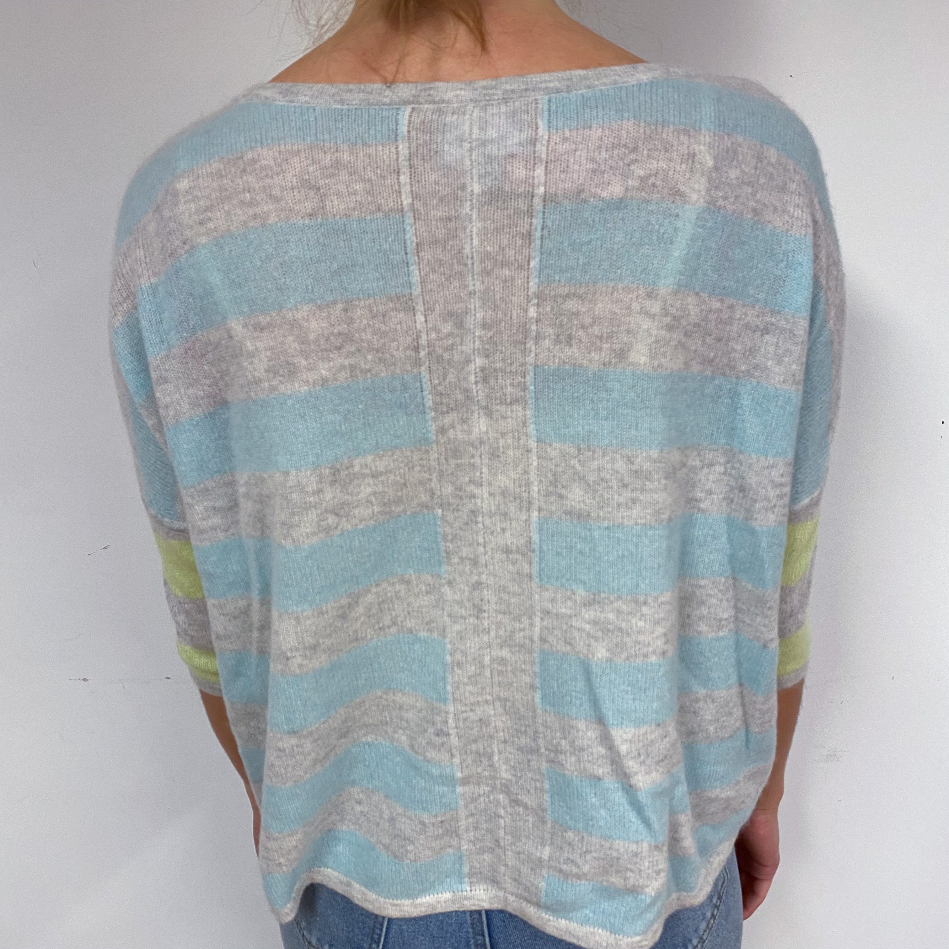 Lightweight Grey Striped Cashmere Crew Neck Jumper Small