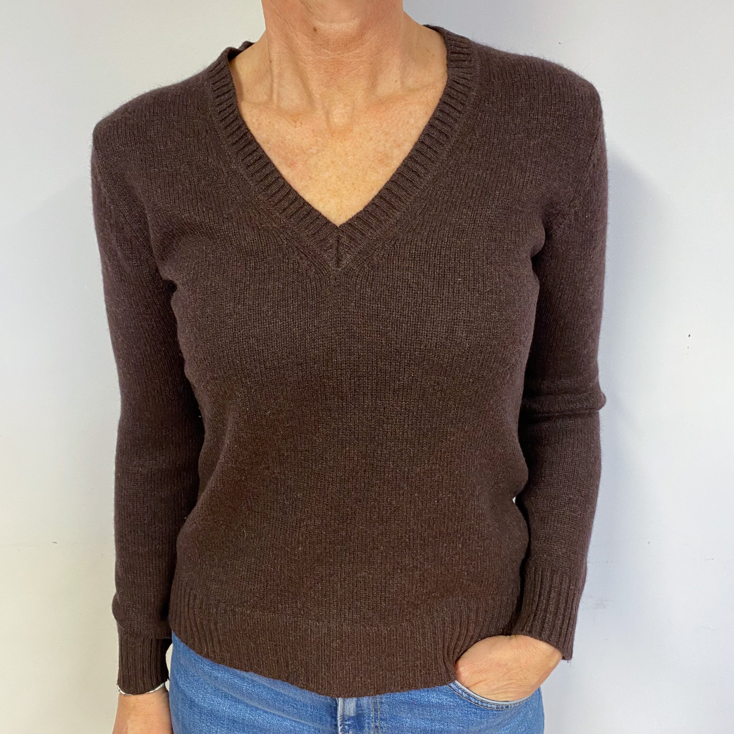 Chocolate Brown Cashmere V-Neck Jumper Medium