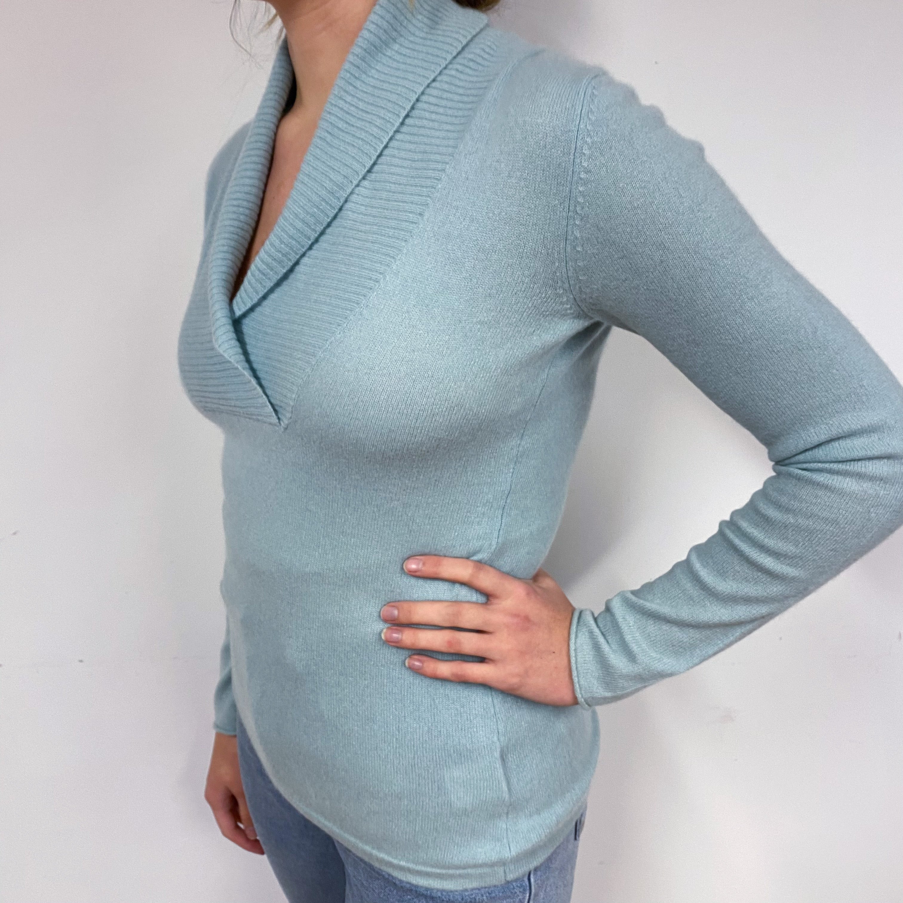 Duck Egg Blue Cashmere V-Neck Jumper Small