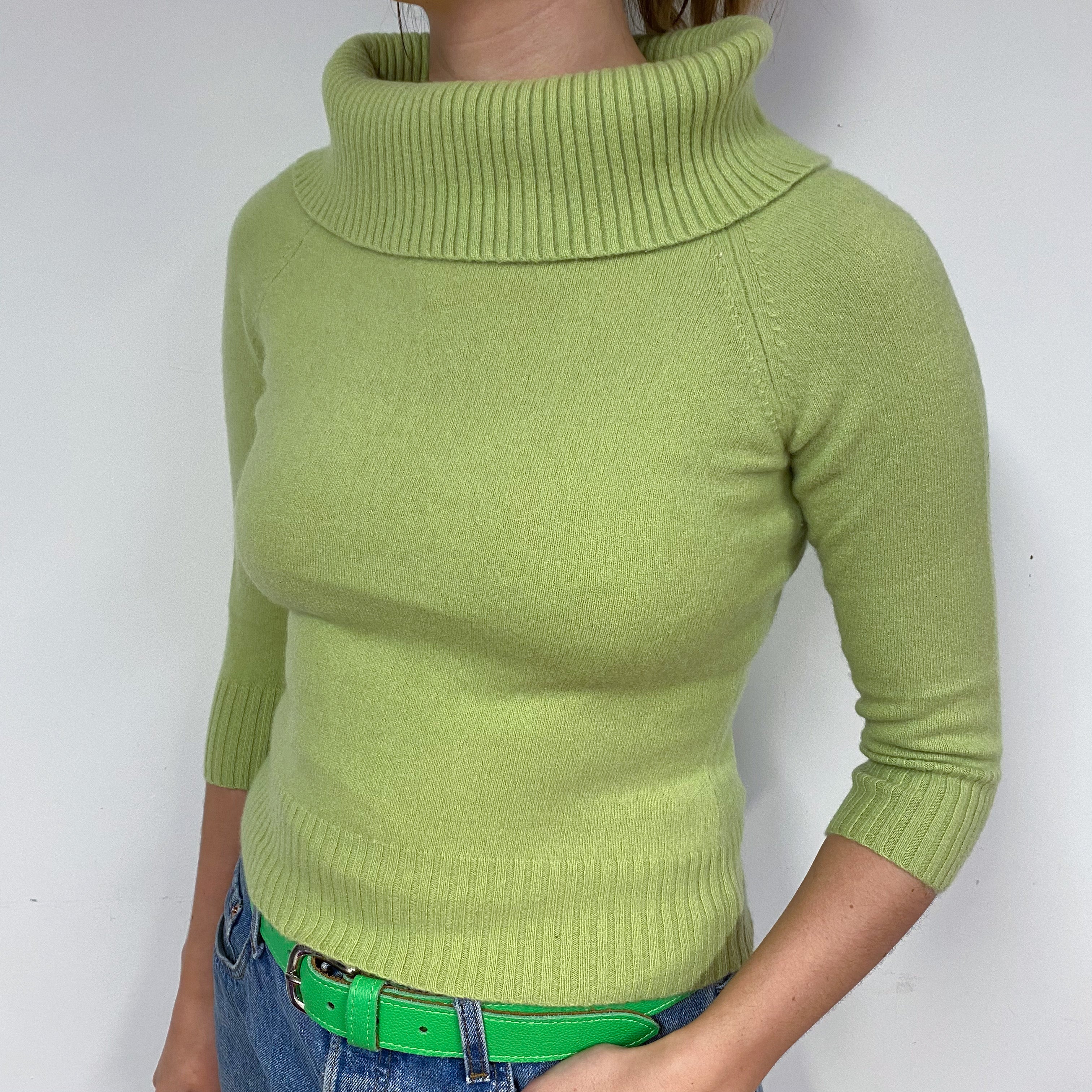 Lime Green 3/4 Sleeve Cashmere Polo Neck Jumper Small