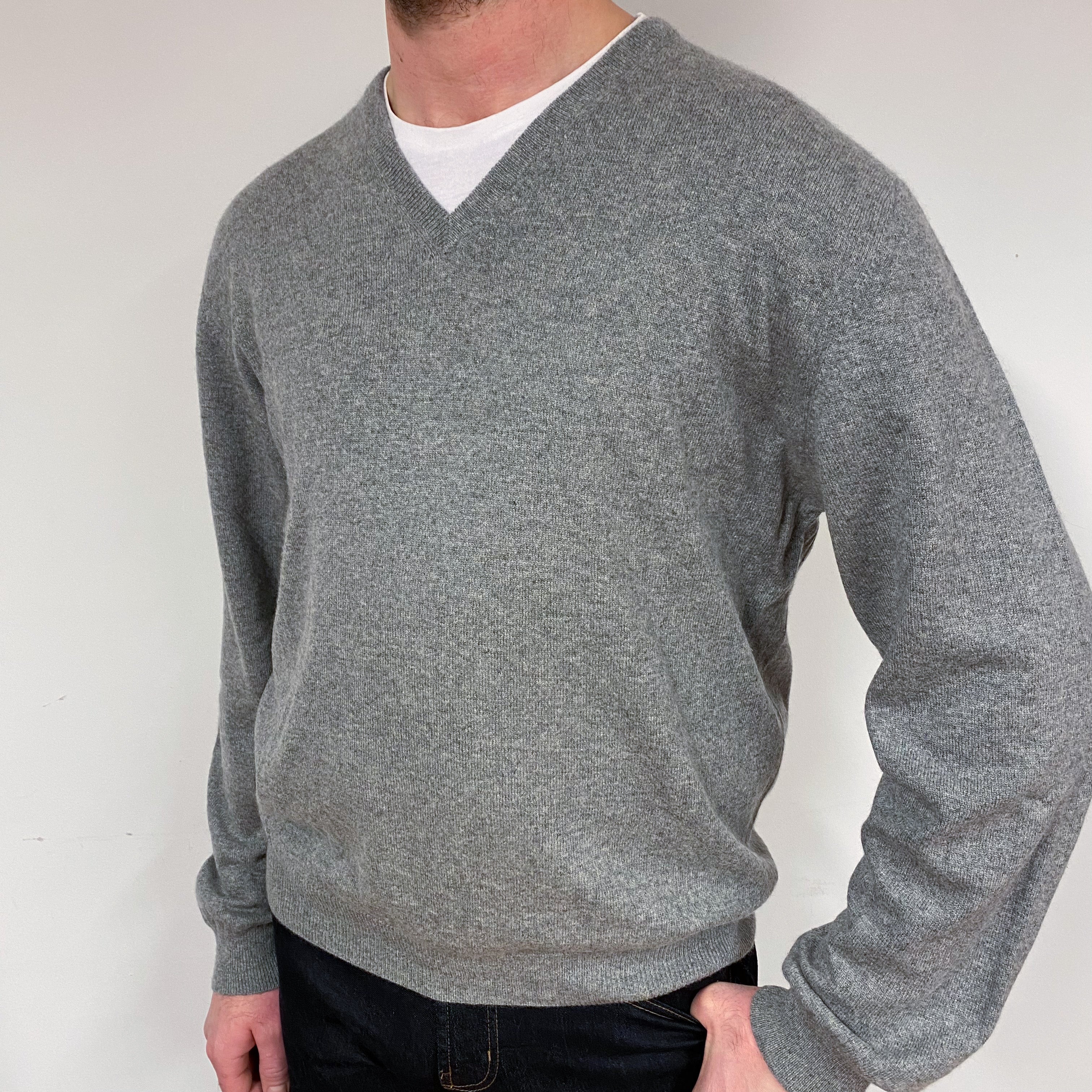 Men's Ash Grey Cashmere V-Neck Jumper Extra Large