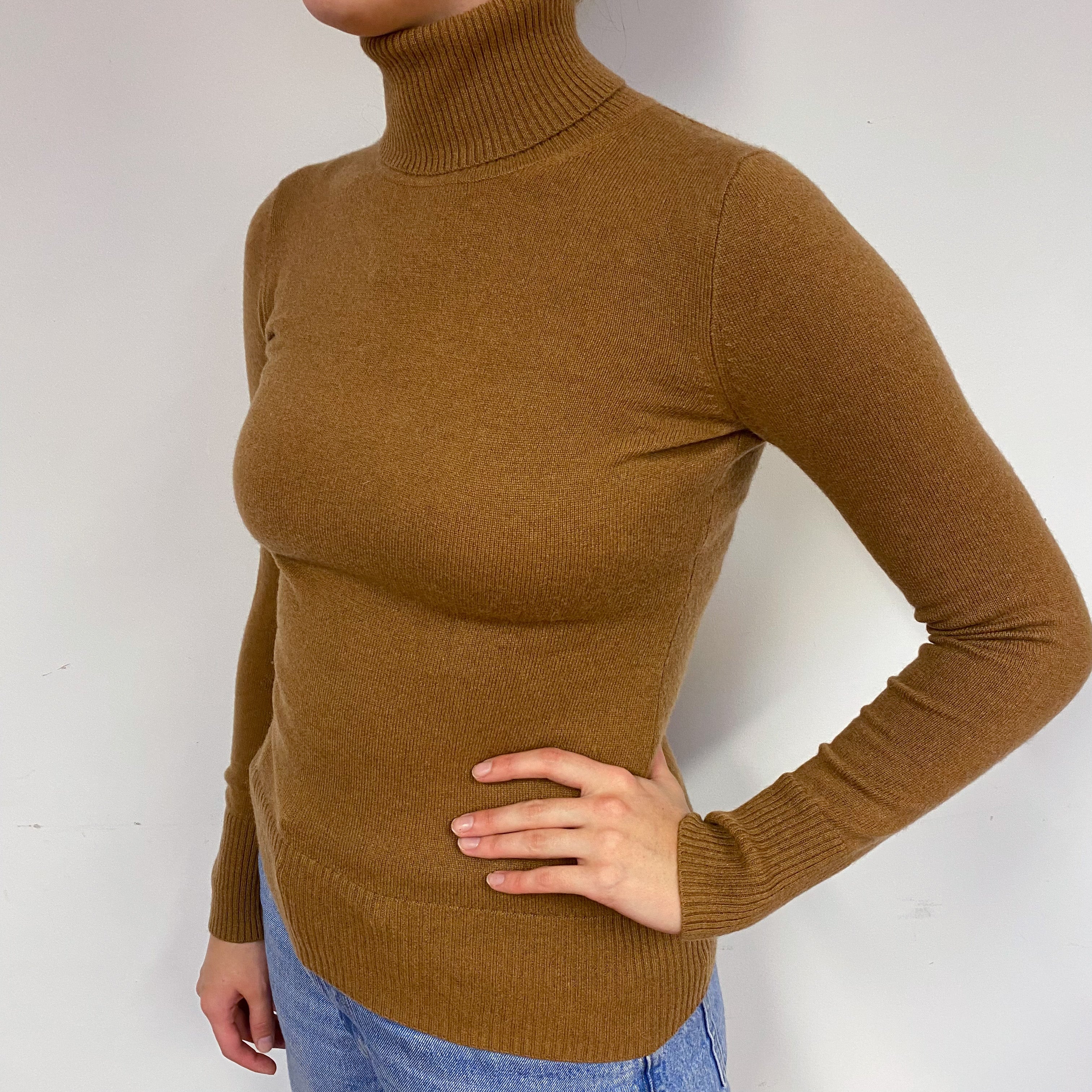 Chestnut Brown Cashmere Polo Neck Jumper Small