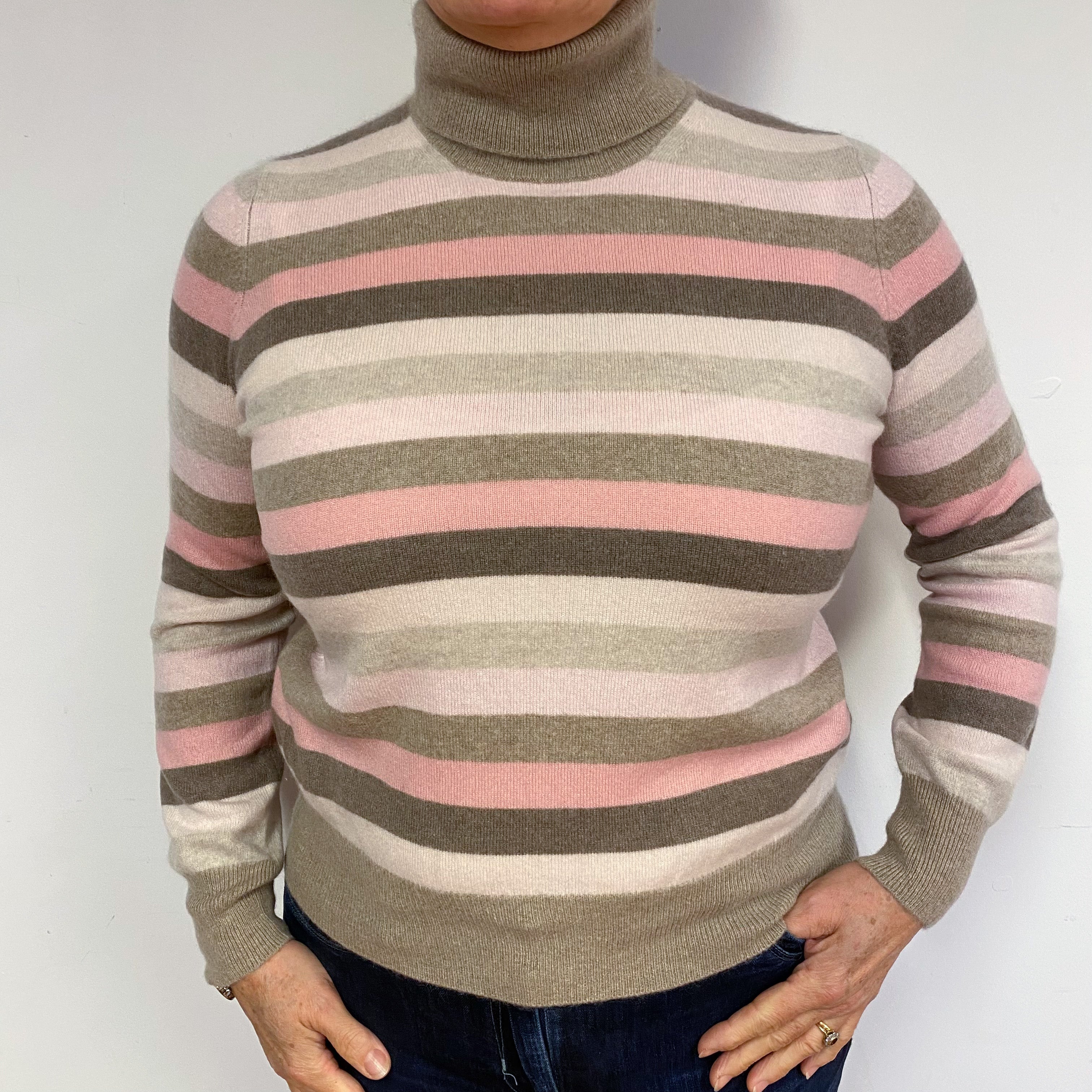 Brown and Pink Stripe Cashmere Polo Neck Jumper Large