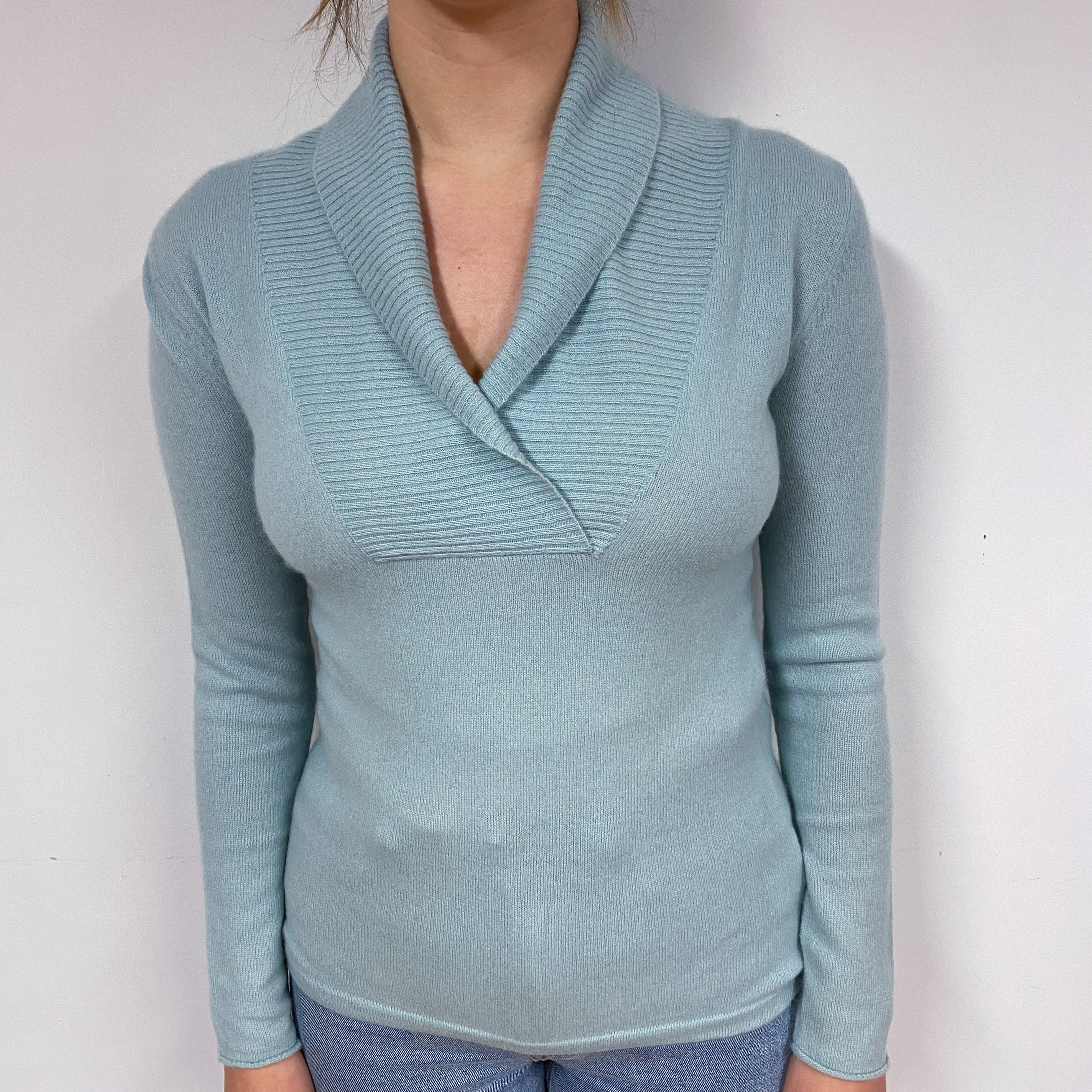 Duck Egg Blue Cashmere V-Neck Jumper Small