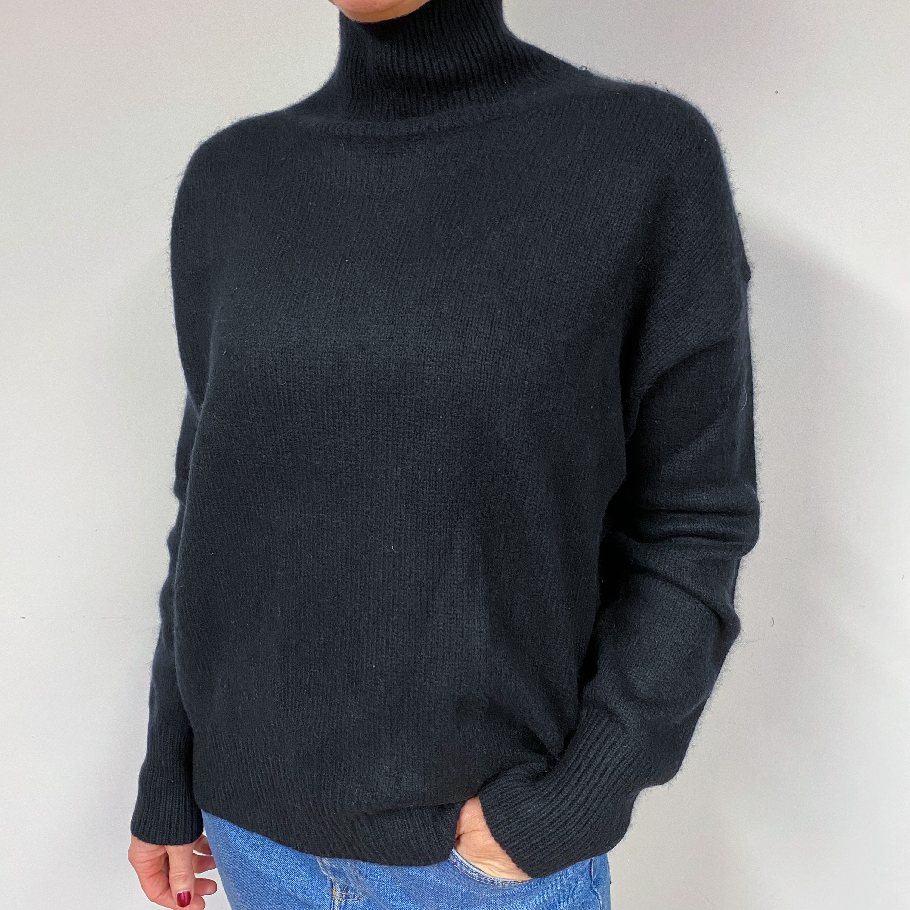 Slouchy Black Cashmere Polo Neck Jumper Medium