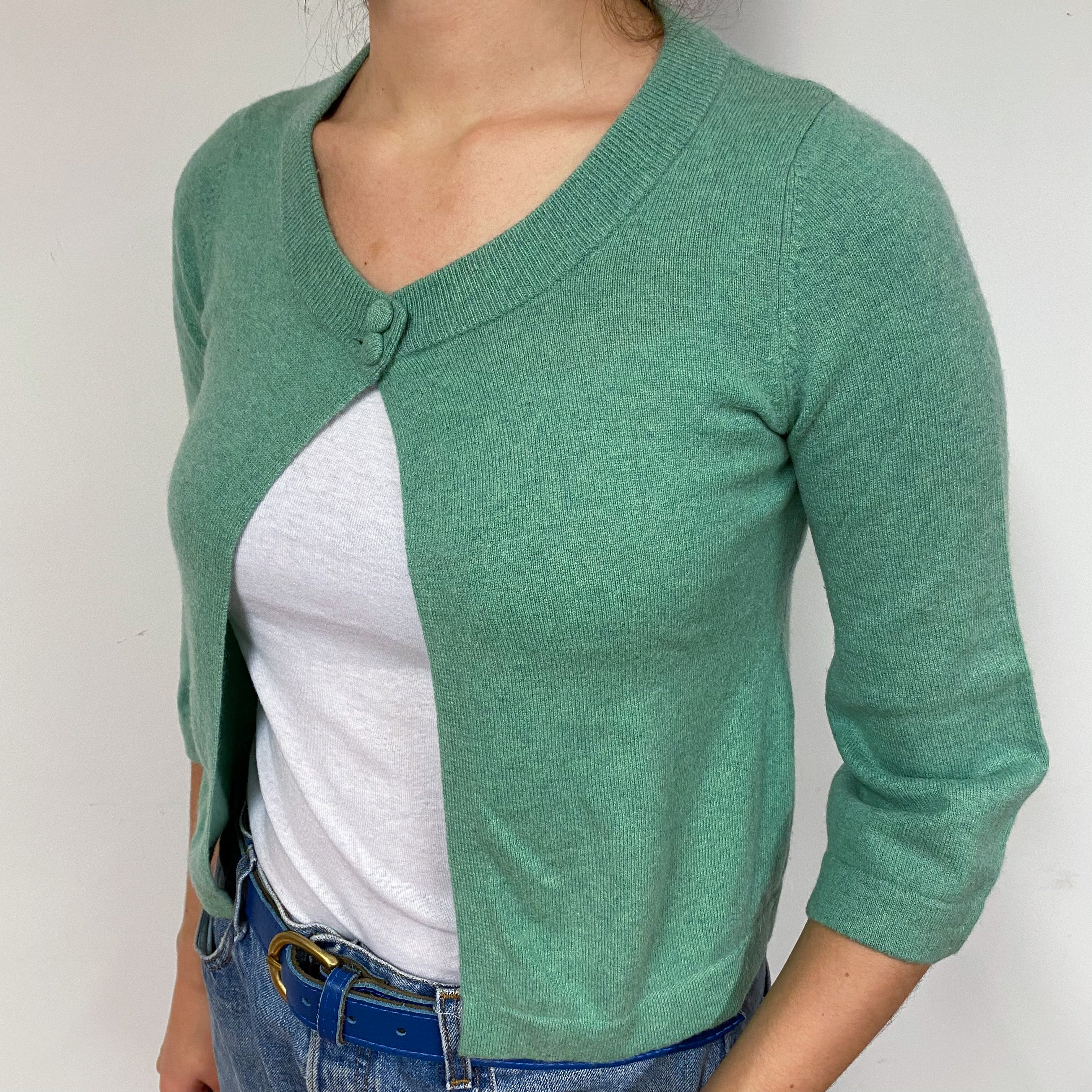 Soft Green 3/4 Sleeve Cashmere Cropped Cardigan Small