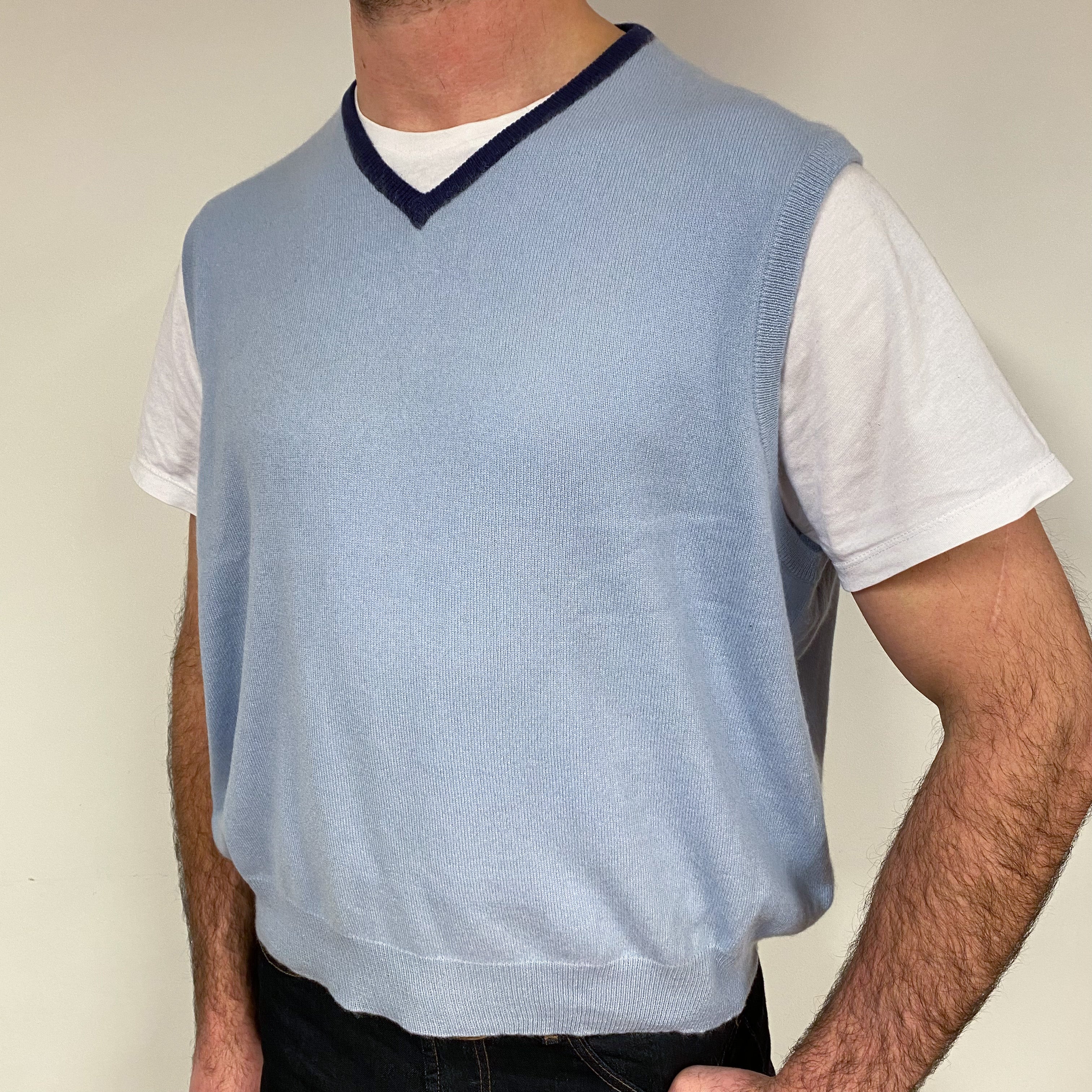 Men's Pale Blue Cashmere V-Neck Tank Top XXLarge