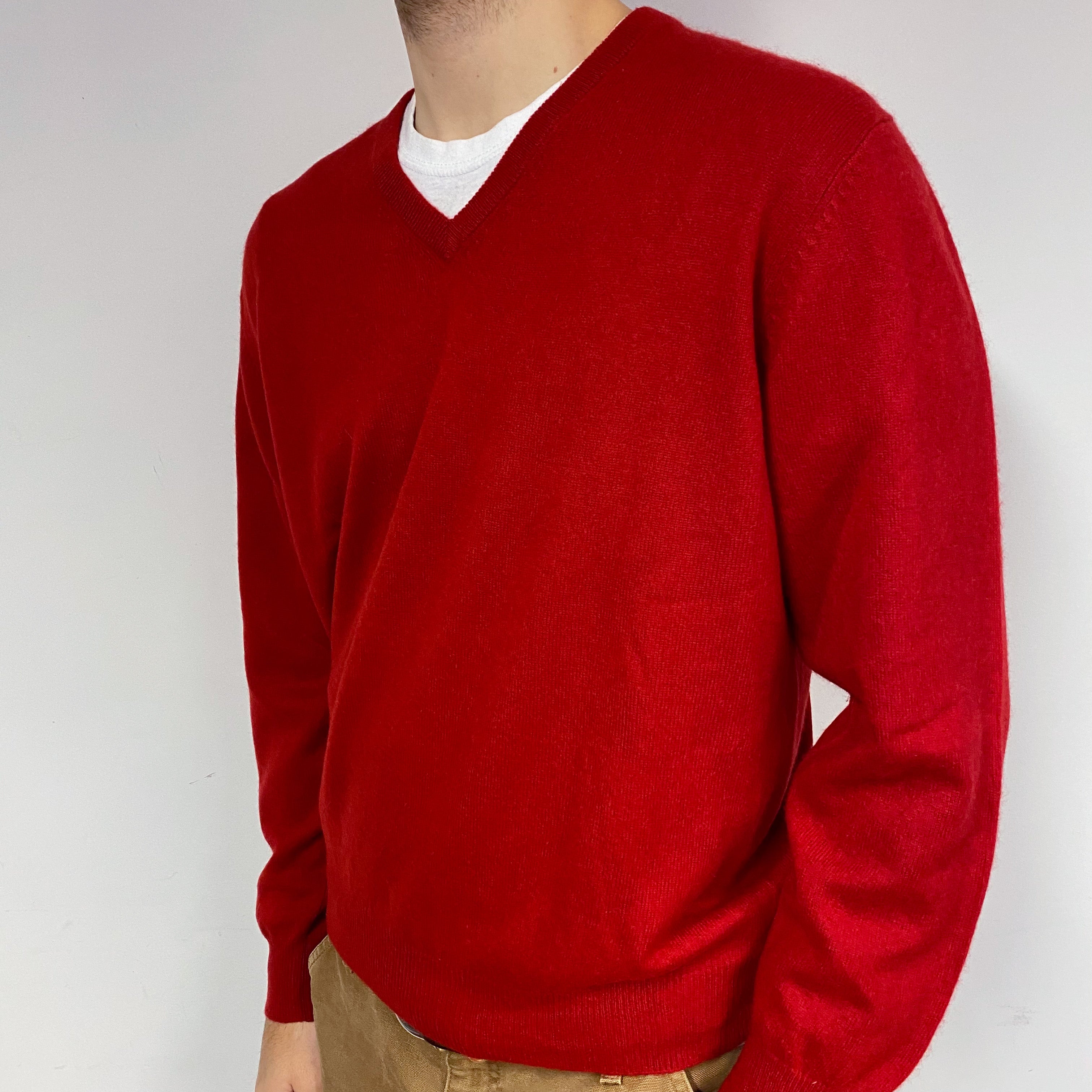 Men's Post Box Red Cashmere V-Neck Jumper Large