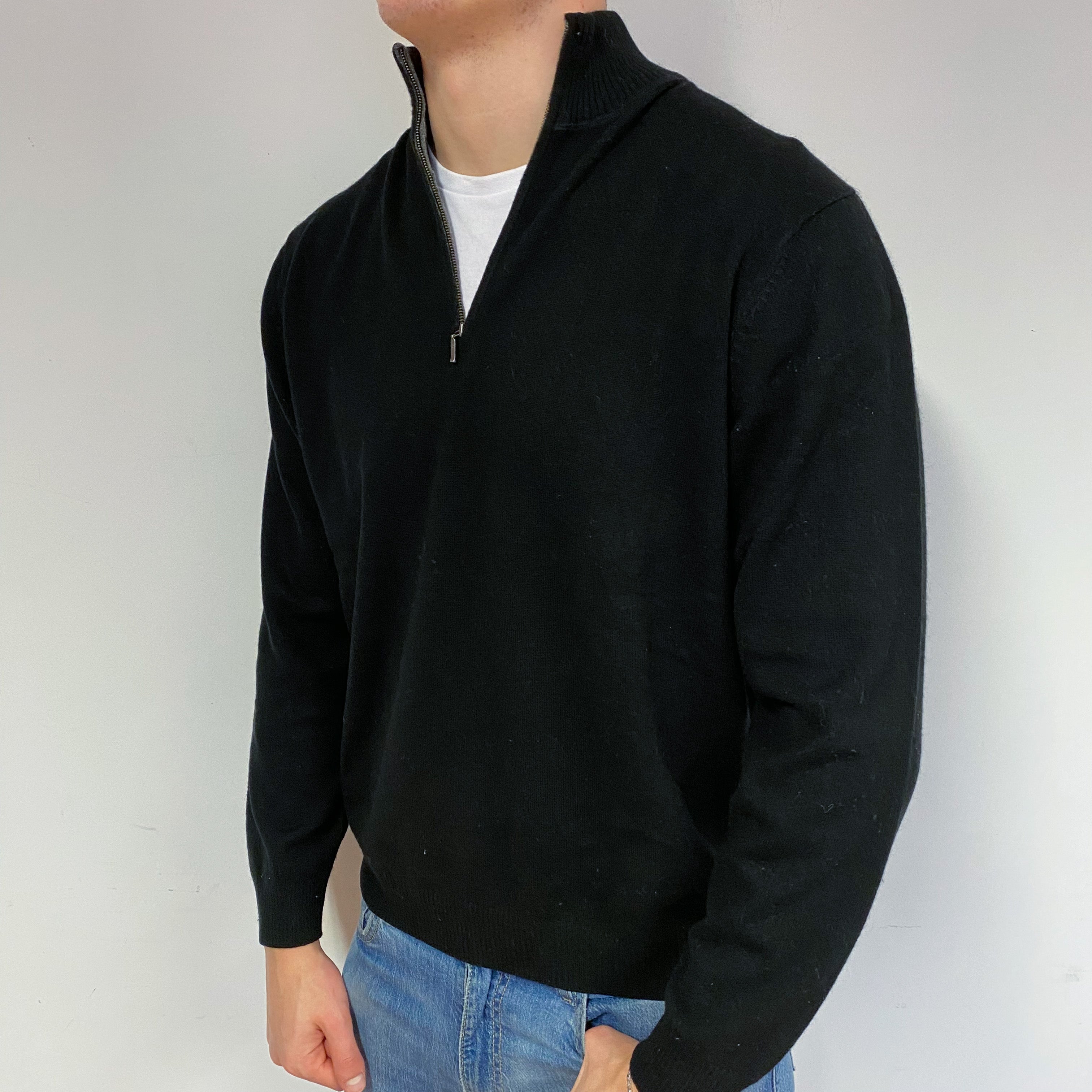 Men's Black Quarter Zip Cashmere V-Neck Jumper XXL