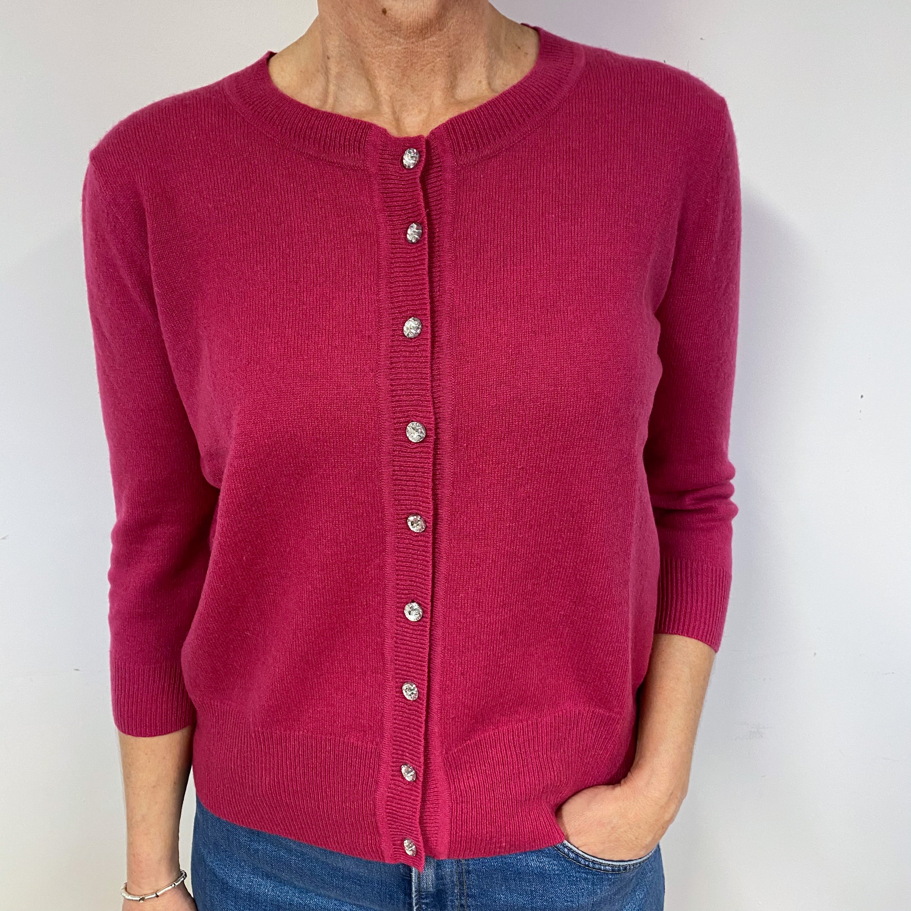 Raspberry Pink Cashmere Crew Neck Cardigan Medium